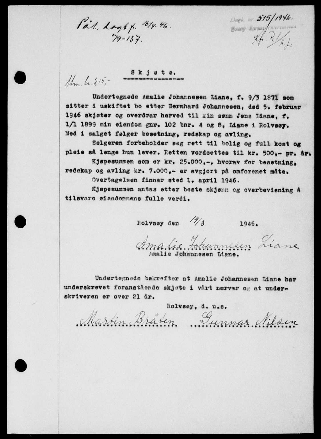 Onsøy sorenskriveri, SAO/A-10474/G/Ga/Gab/L0015: Mortgage book no. II A-15, 1945-1946, Diary no: : 515/1946