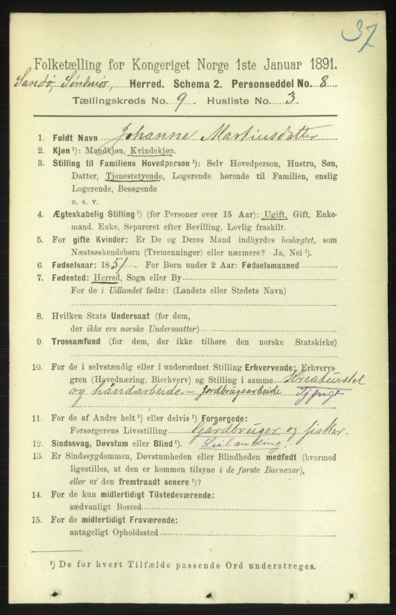 RA, 1891 census for 1514 Sande, 1891, p. 1512