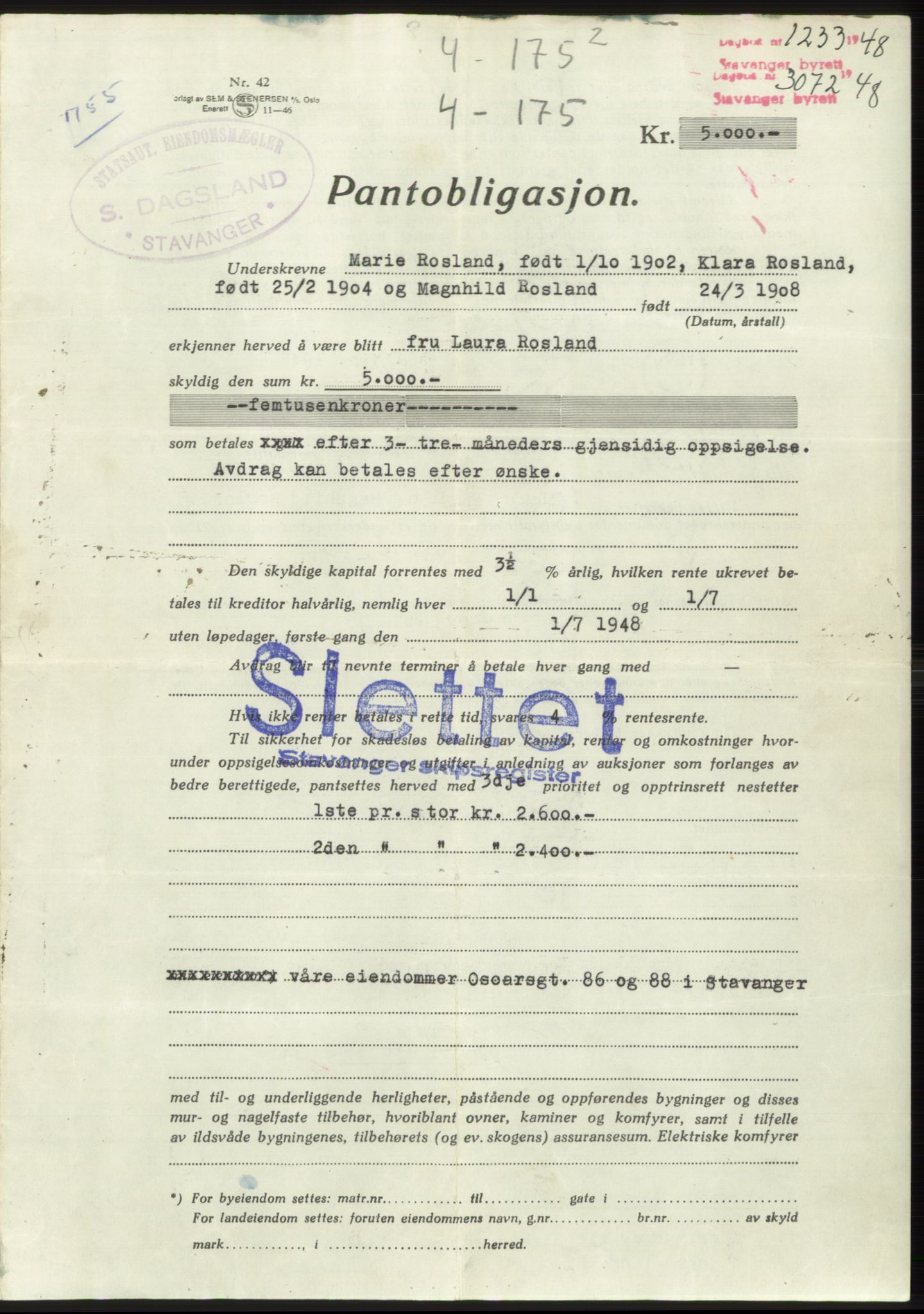 Stavanger byrett, SAST/A-100455/002/G/Gb/L0032: Mortgage book, 1947-1950, Diary no: : 3072/1948
