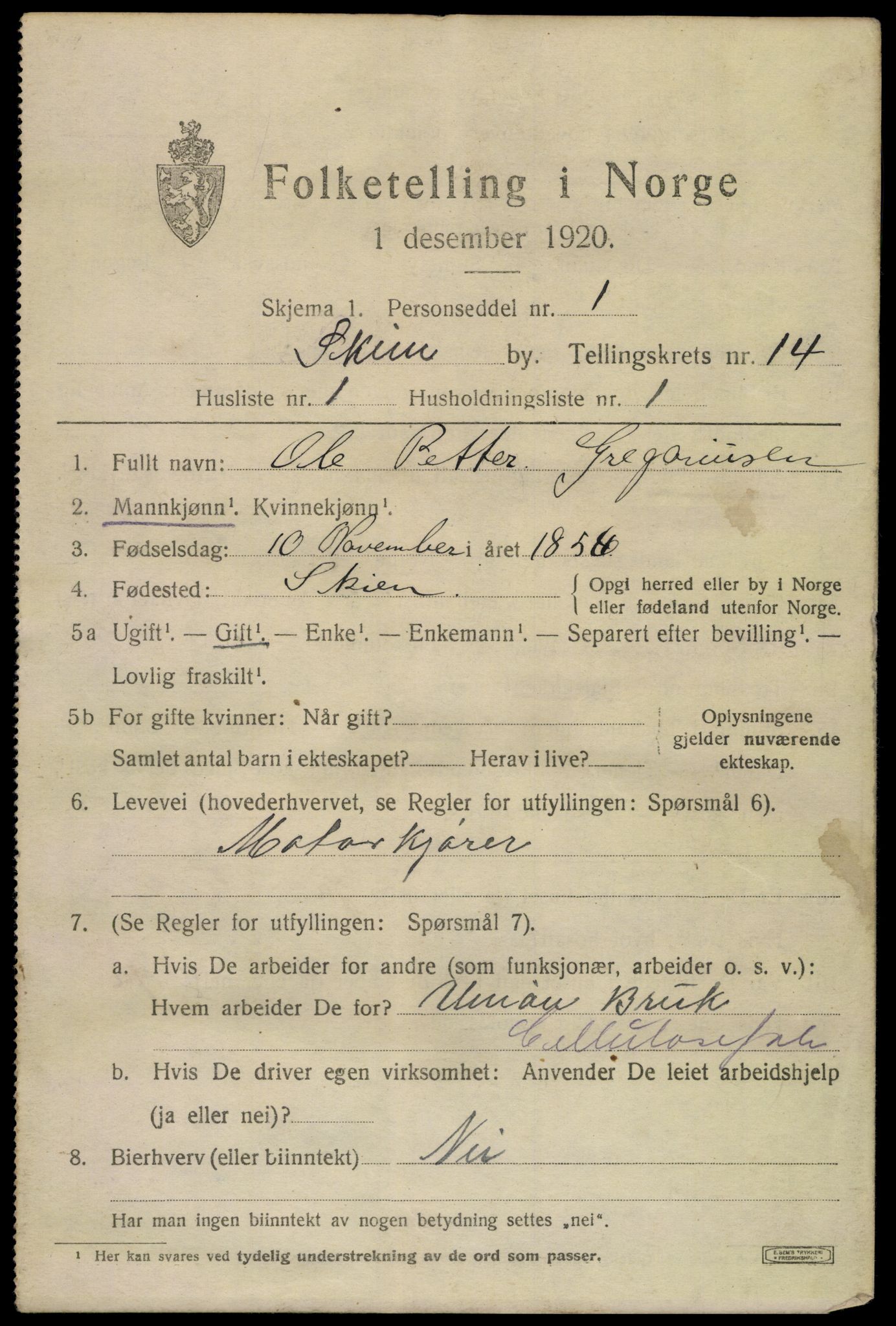 SAKO, 1920 census for Skien, 1920, p. 41502