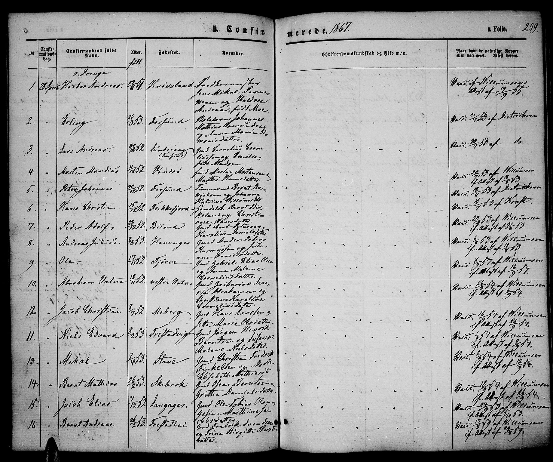 Lista sokneprestkontor, SAK/1111-0027/F/Fb/L0003: Parish register (copy) no. B 3, 1862-1877, p. 259
