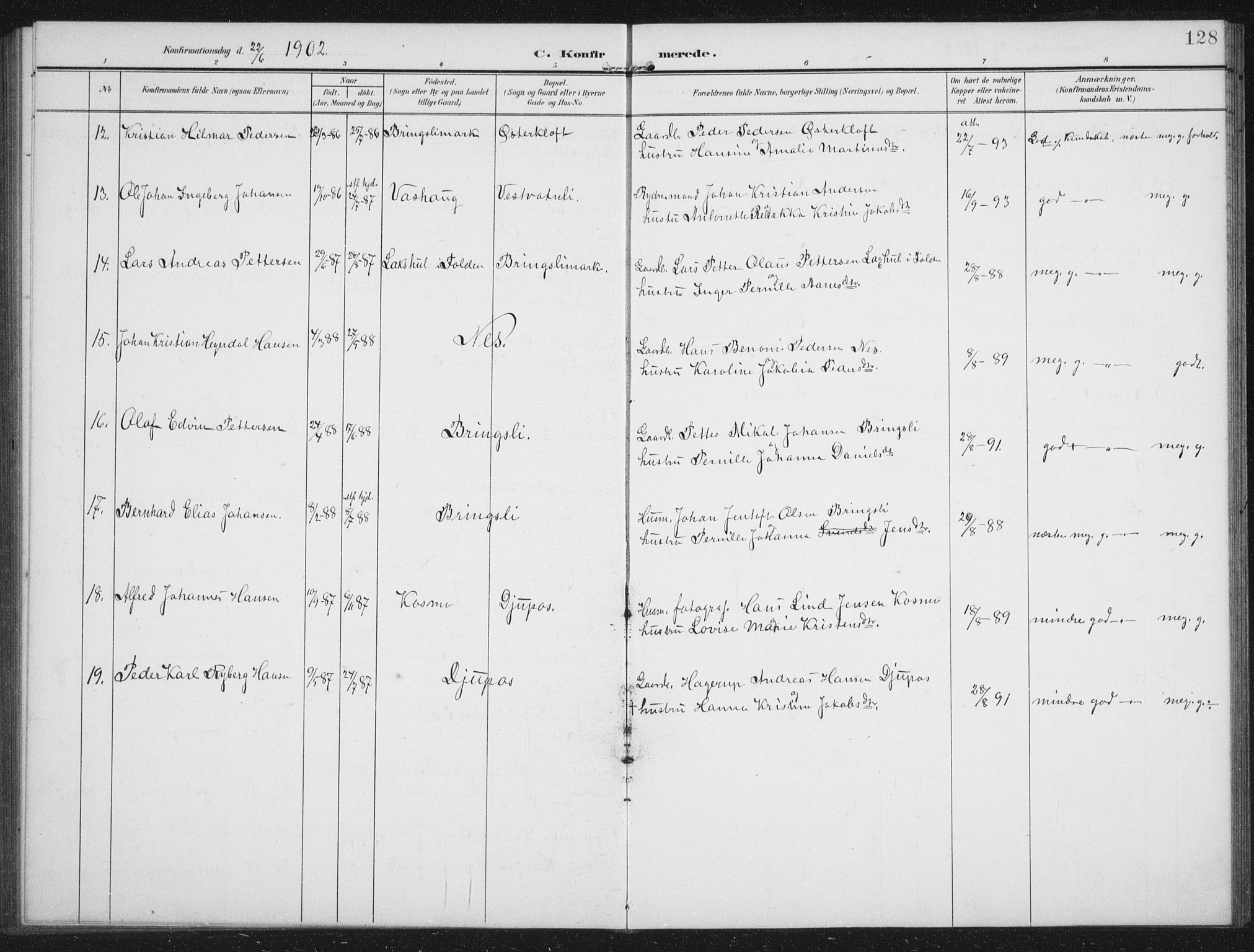 Ministerialprotokoller, klokkerbøker og fødselsregistre - Nordland, AV/SAT-A-1459/851/L0726: Parish register (copy) no. 851C01, 1902-1924, p. 128