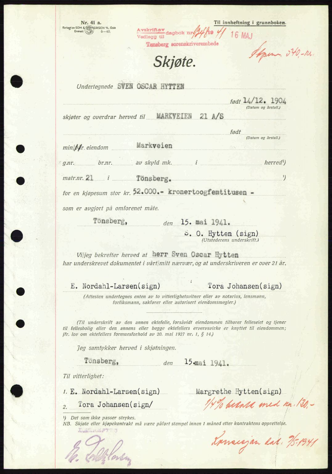 Tønsberg sorenskriveri, AV/SAKO-A-130/G/Ga/Gaa/L0010: Mortgage book no. A10, 1941-1941, Diary no: : 1248/1941