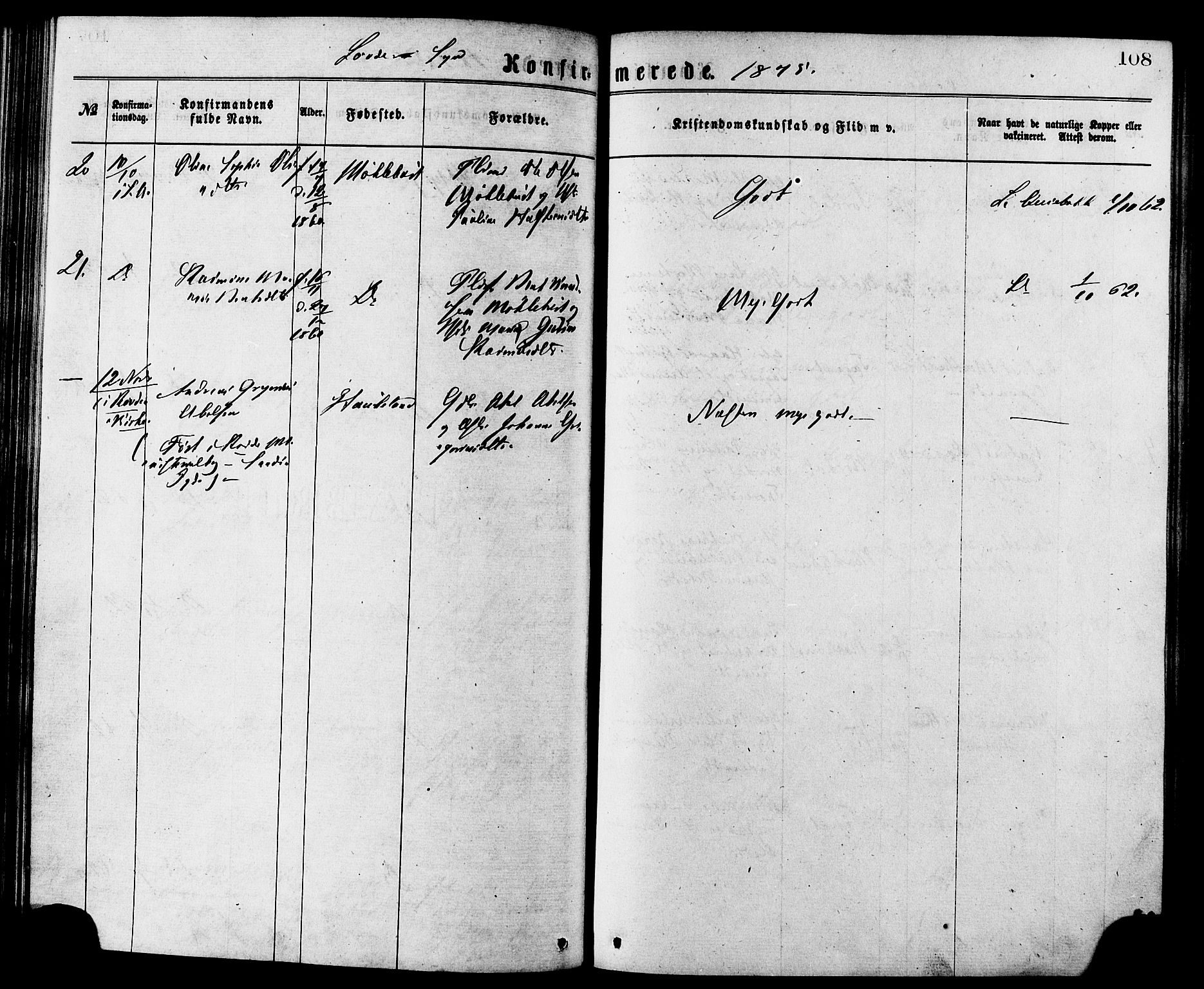 Ministerialprotokoller, klokkerbøker og fødselsregistre - Møre og Romsdal, SAT/A-1454/502/L0024: Parish register (official) no. 502A02, 1873-1884, p. 108