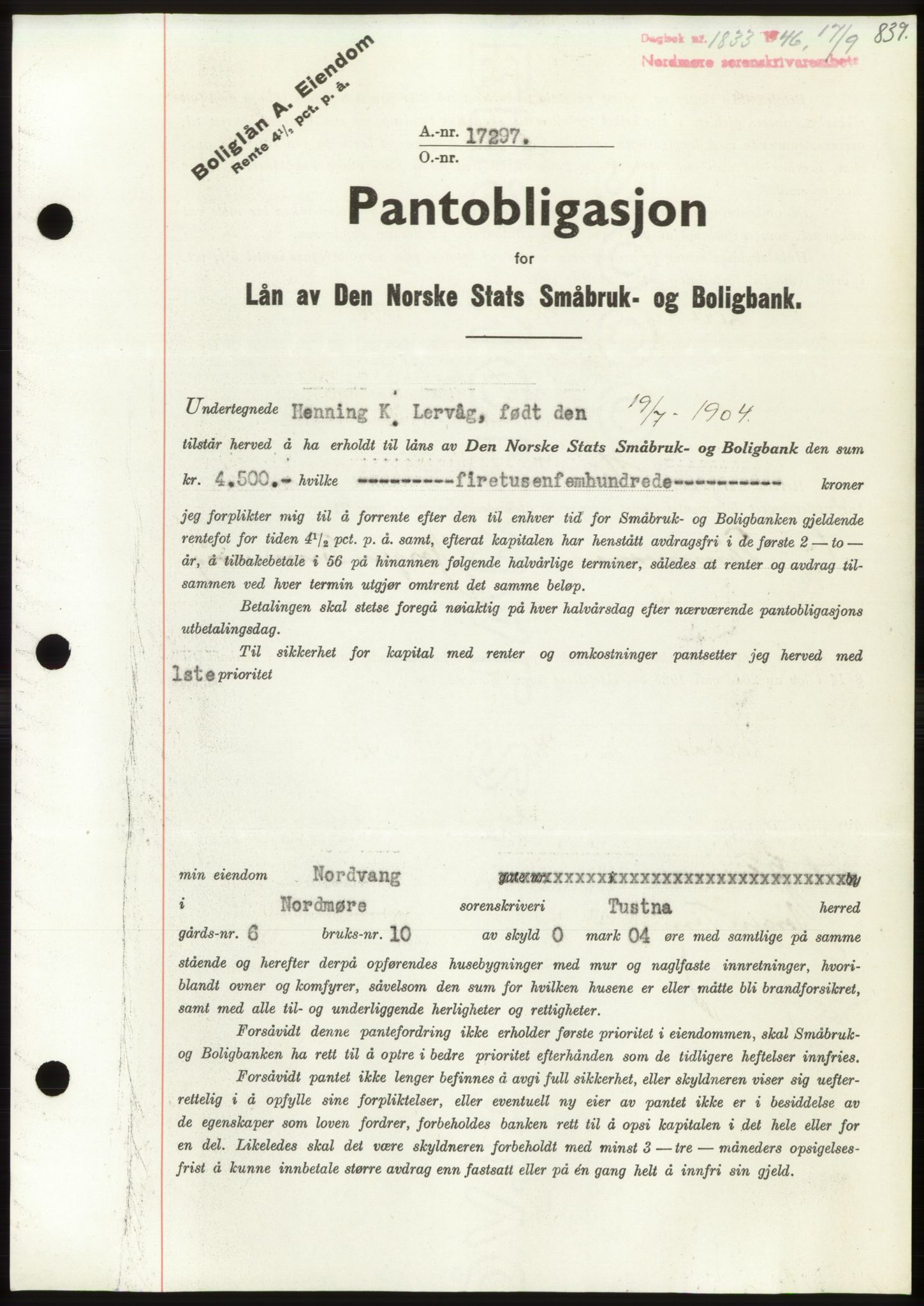 Nordmøre sorenskriveri, AV/SAT-A-4132/1/2/2Ca: Mortgage book no. B94, 1946-1946, Diary no: : 1833/1946