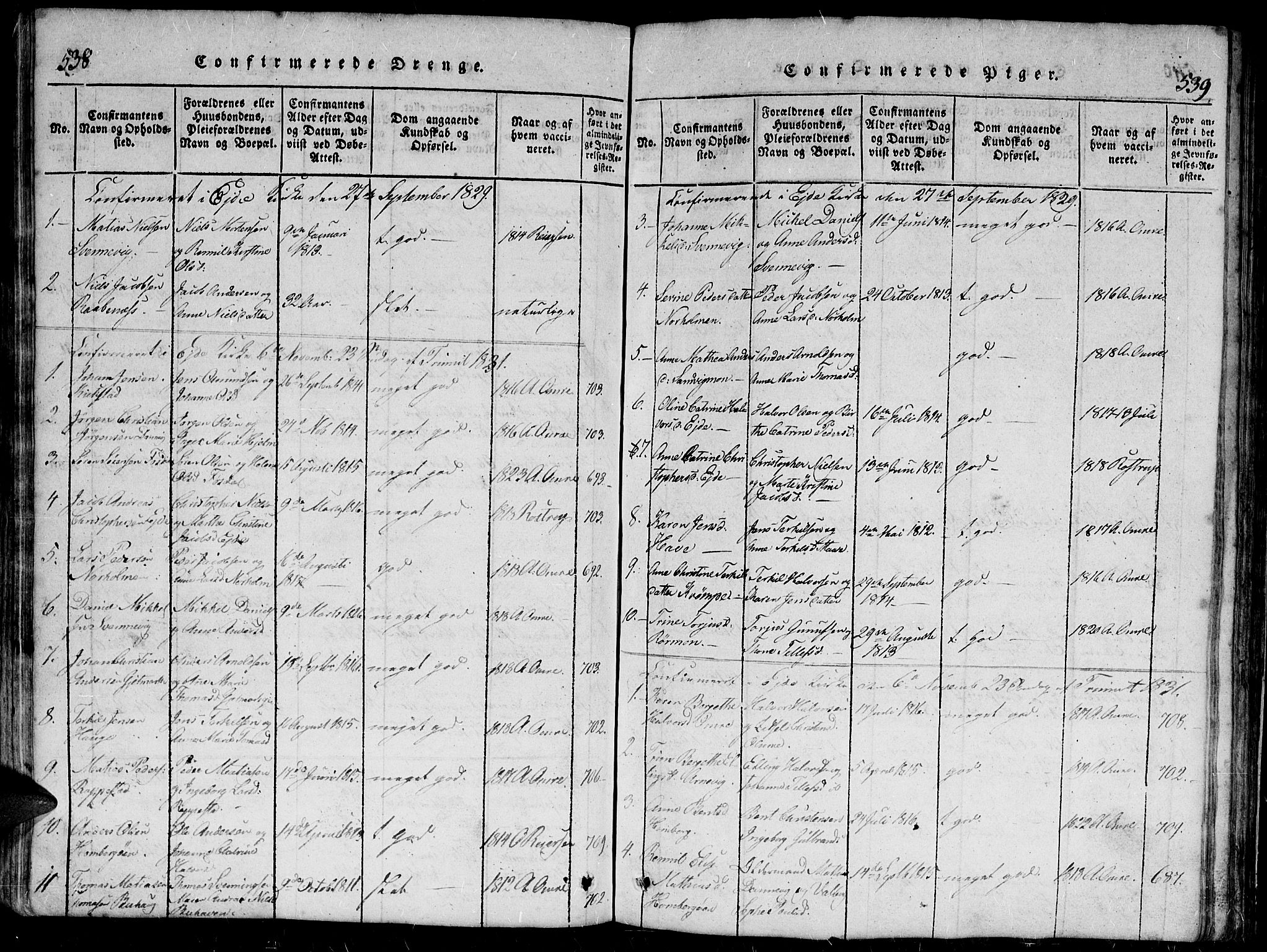 Hommedal sokneprestkontor, AV/SAK-1111-0023/F/Fb/Fbb/L0003: Parish register (copy) no. B 3 /2, 1816-1850, p. 538-539