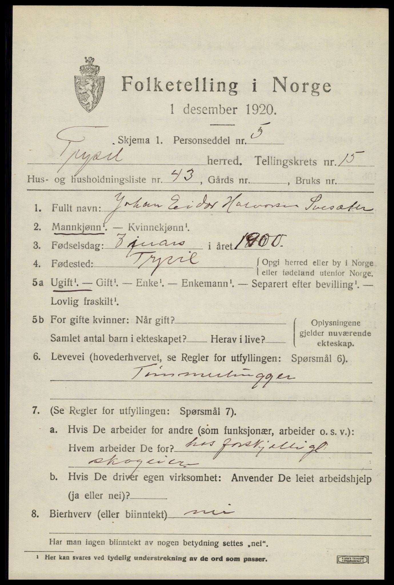 SAH, 1920 census for Trysil, 1920, p. 9415