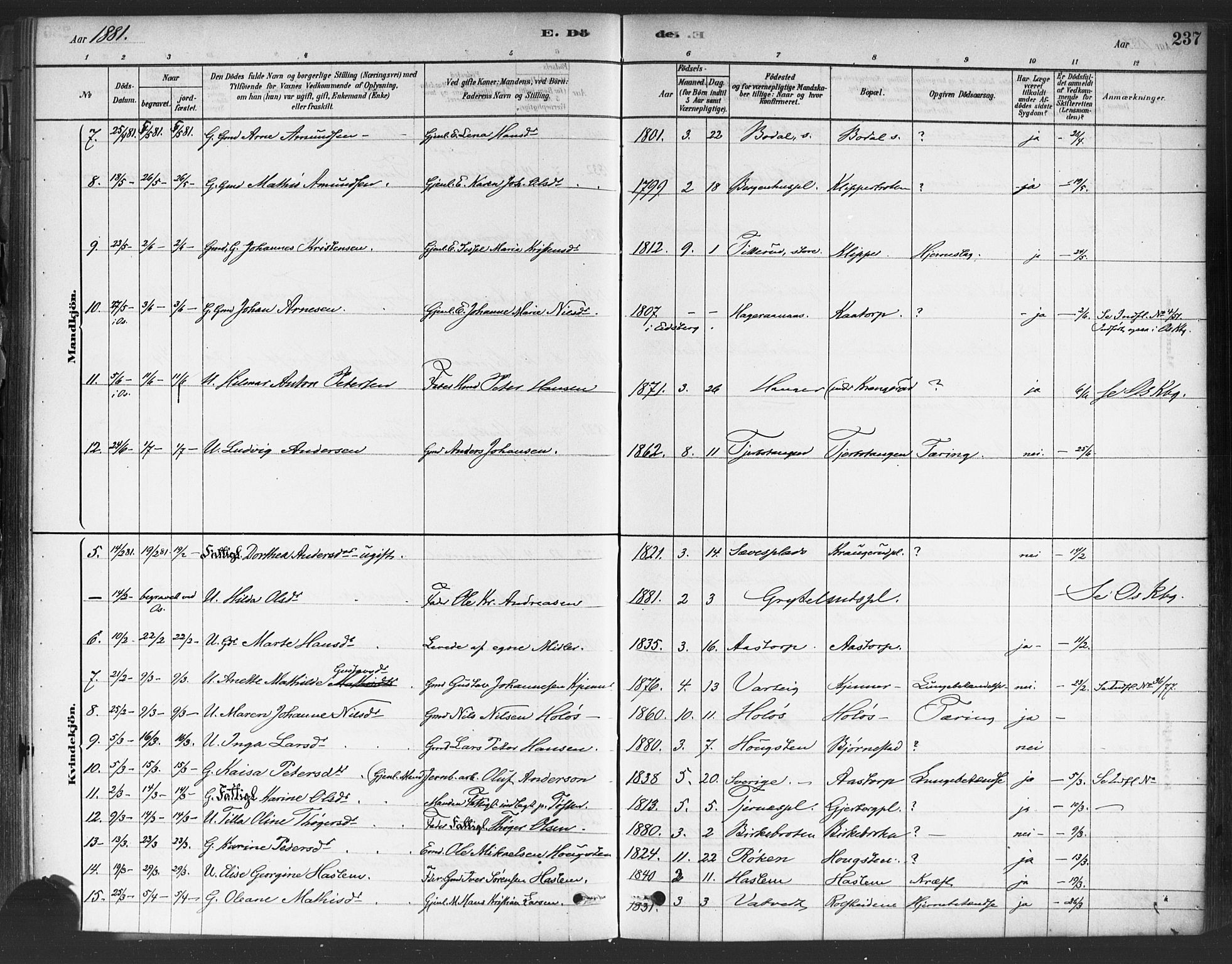 Rakkestad prestekontor Kirkebøker, SAO/A-2008/F/Fa/L0012: Parish register (official) no. I 12, 1878-1893, p. 237