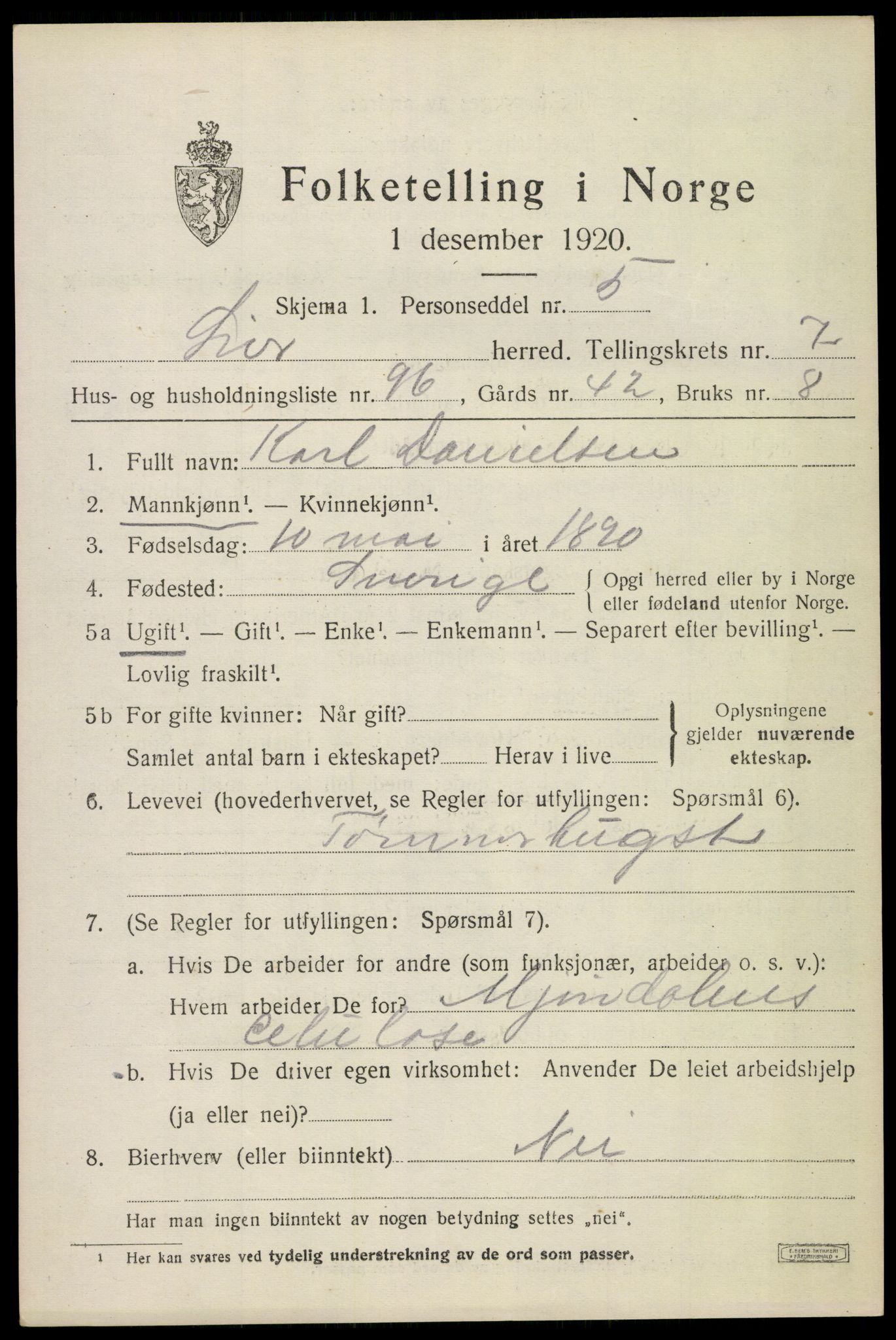 SAKO, 1920 census for Lier, 1920, p. 13698