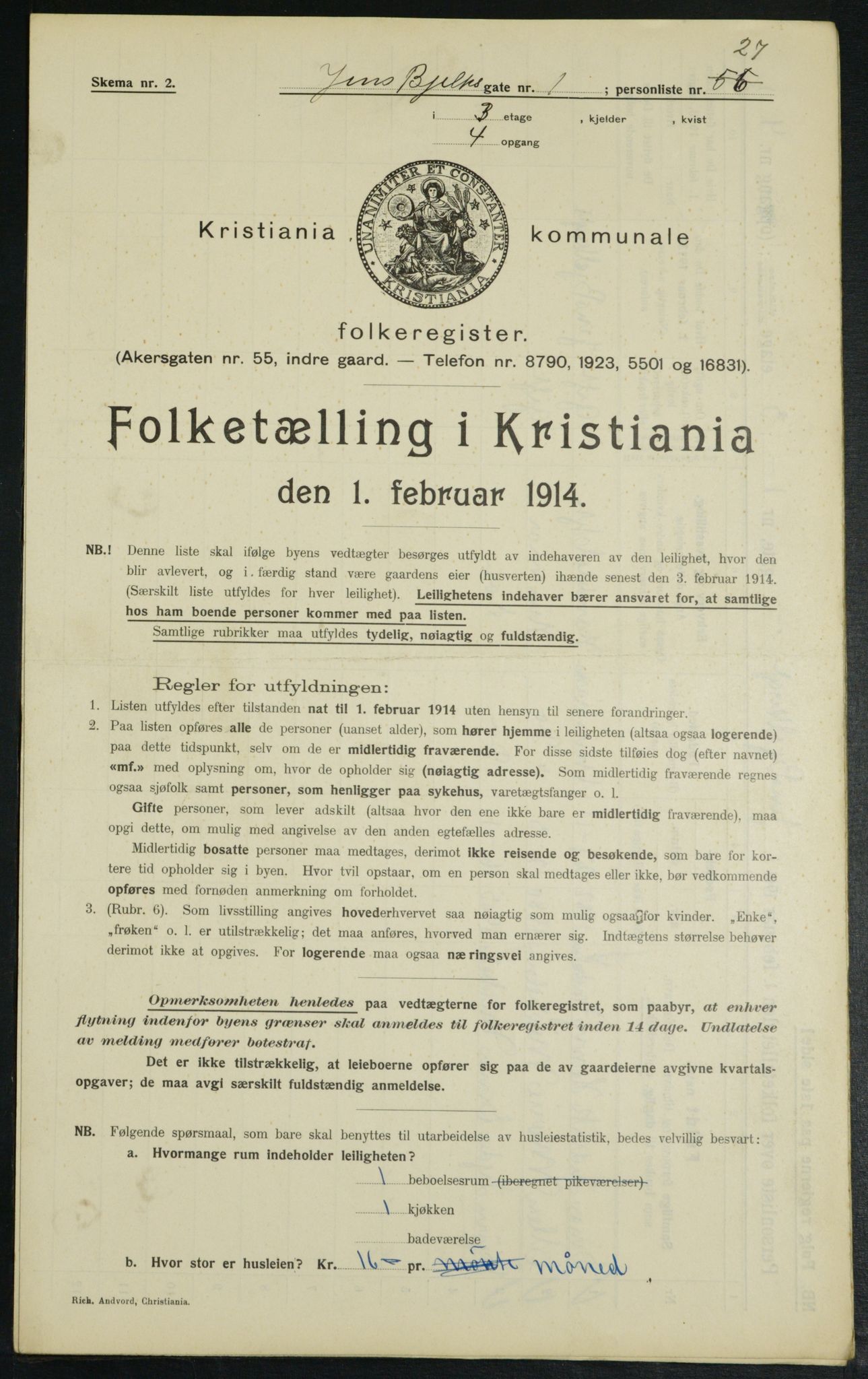 OBA, Municipal Census 1914 for Kristiania, 1914, p. 45463