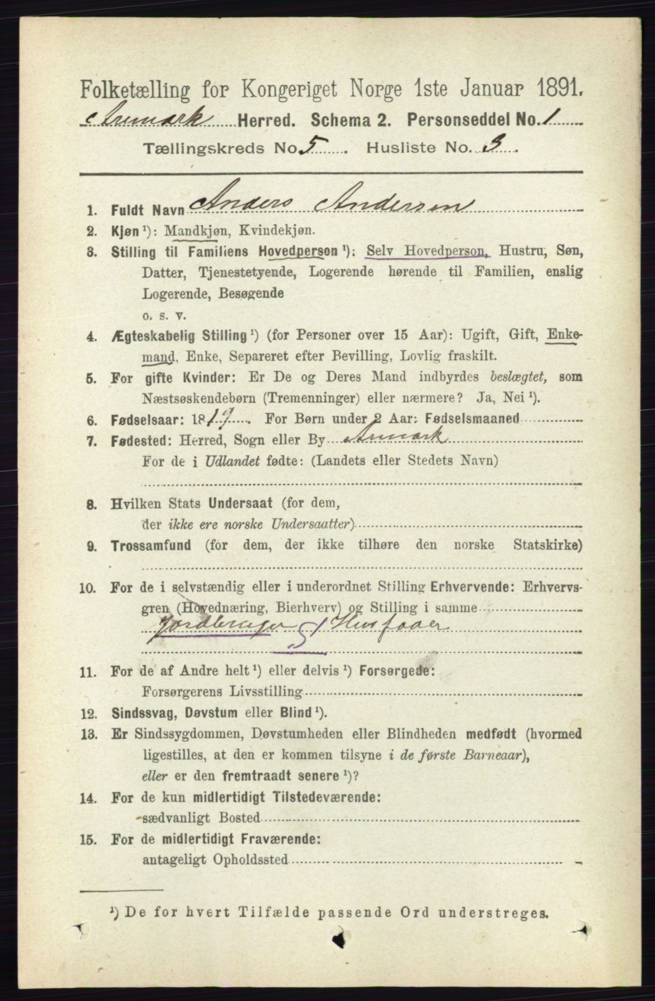 RA, 1891 census for 0118 Aremark, 1891, p. 2487