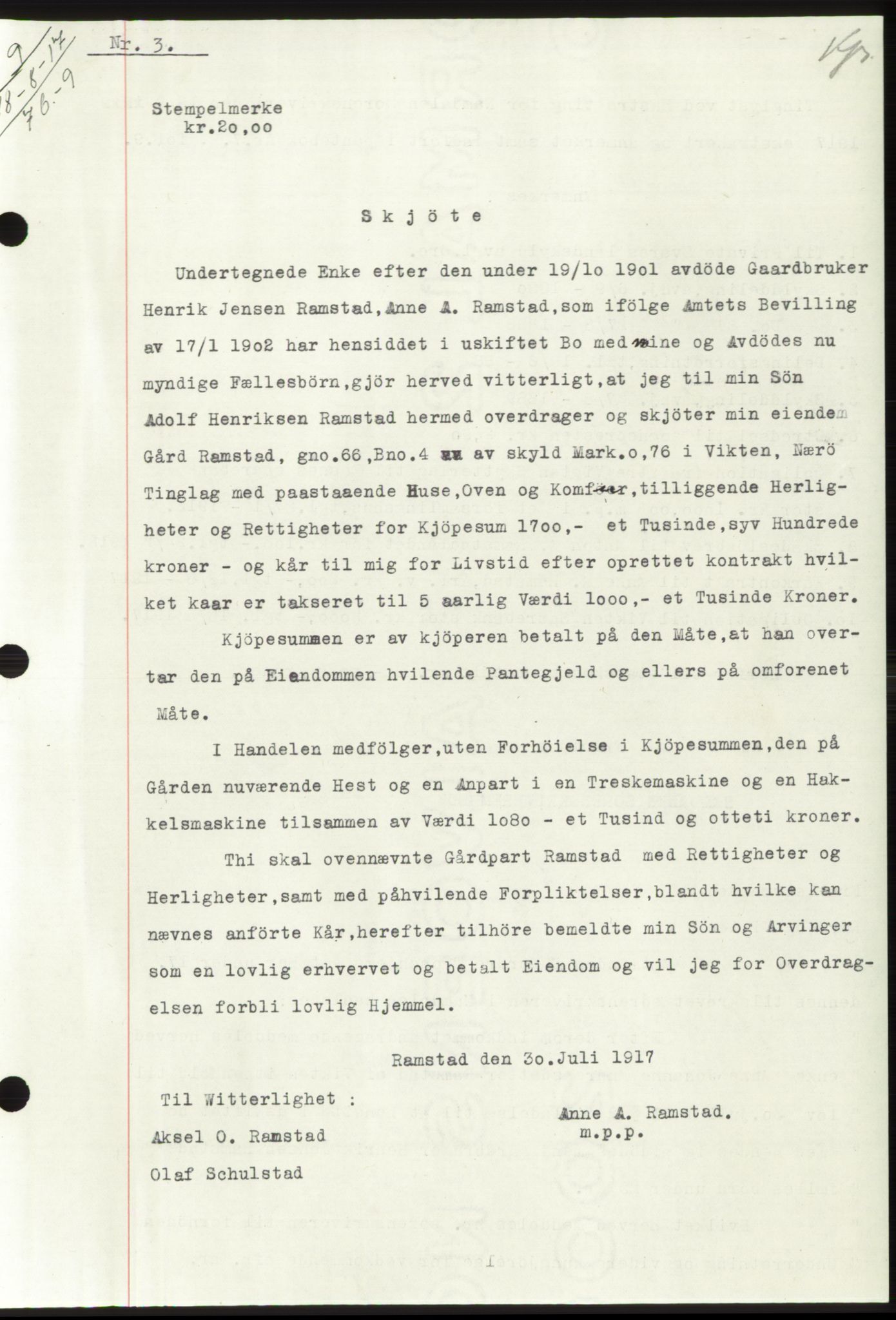 Namdal sorenskriveri, SAT/A-4133/1/2/2C: Mortgage book no. -, 1916-1921, Deed date: 08.08.1917