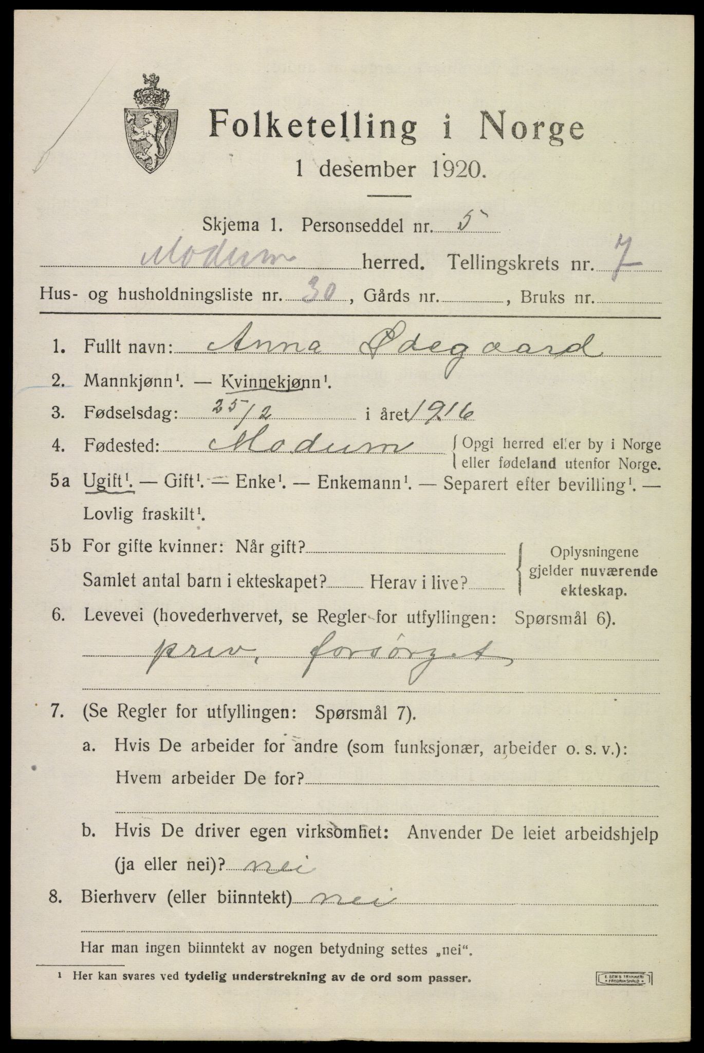 SAKO, 1920 census for Modum, 1920, p. 10027