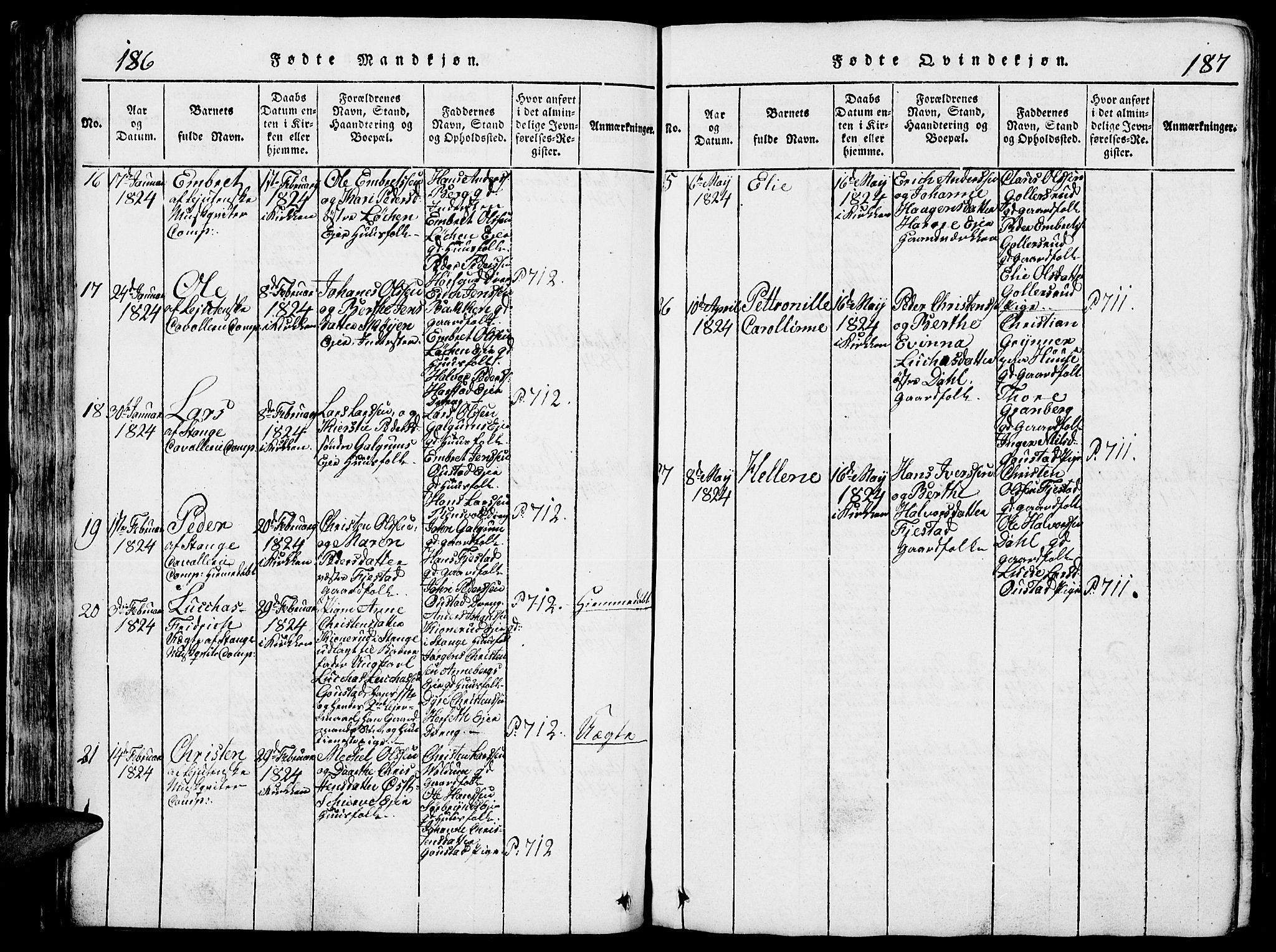 Romedal prestekontor, AV/SAH-PREST-004/L/L0005: Parish register (copy) no. 5, 1814-1829, p. 186-187