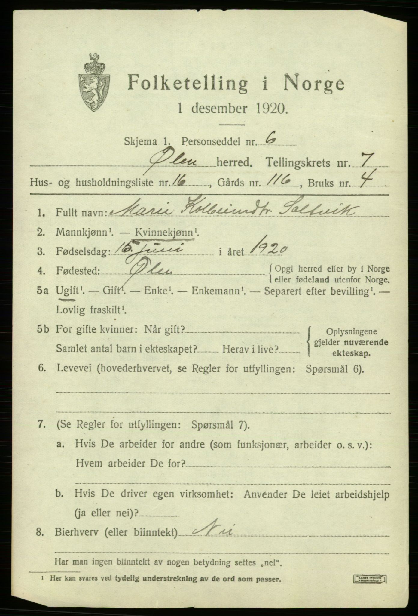 SAB, 1920 census for Ølen, 1920, p. 3391