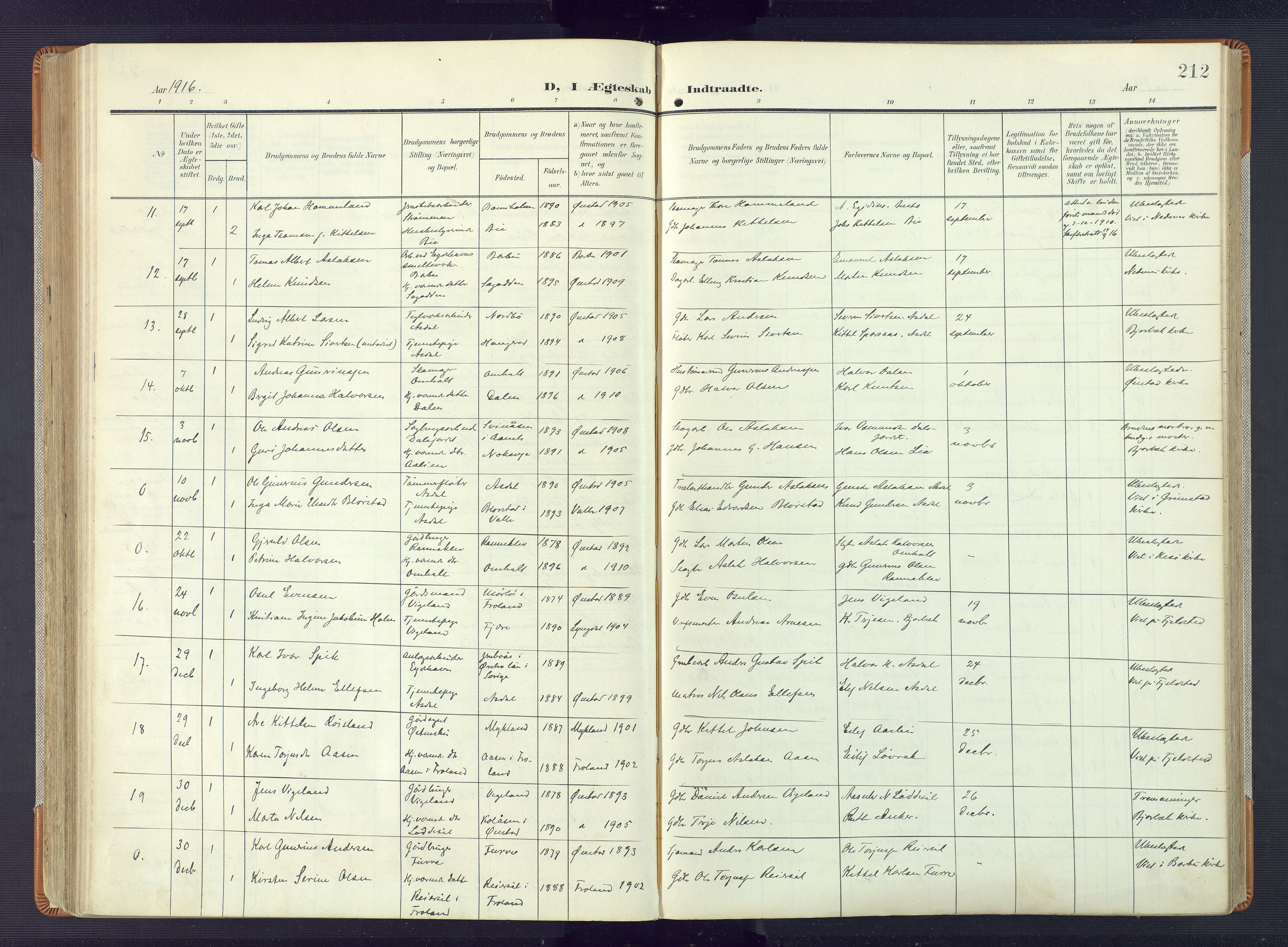 Øyestad sokneprestkontor, AV/SAK-1111-0049/F/Fa/L0019: Parish register (official) no. A 19, 1908-1922, p. 212