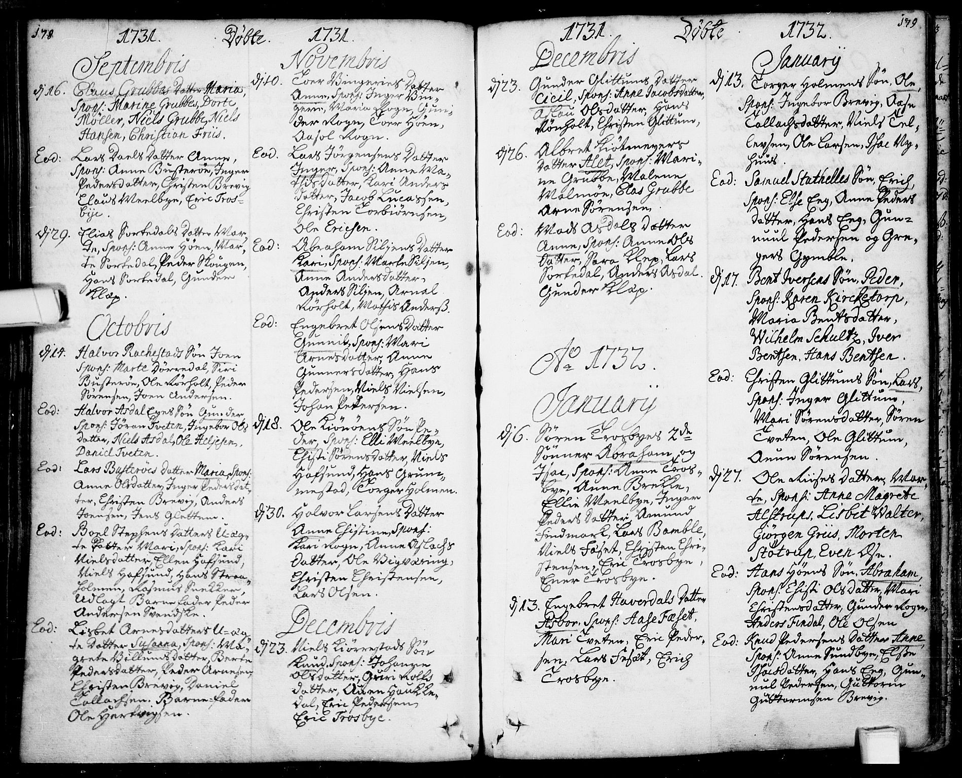 Bamble kirkebøker, SAKO/A-253/F/Fa/L0001: Parish register (official) no. I 1, 1702-1774, p. 178-179