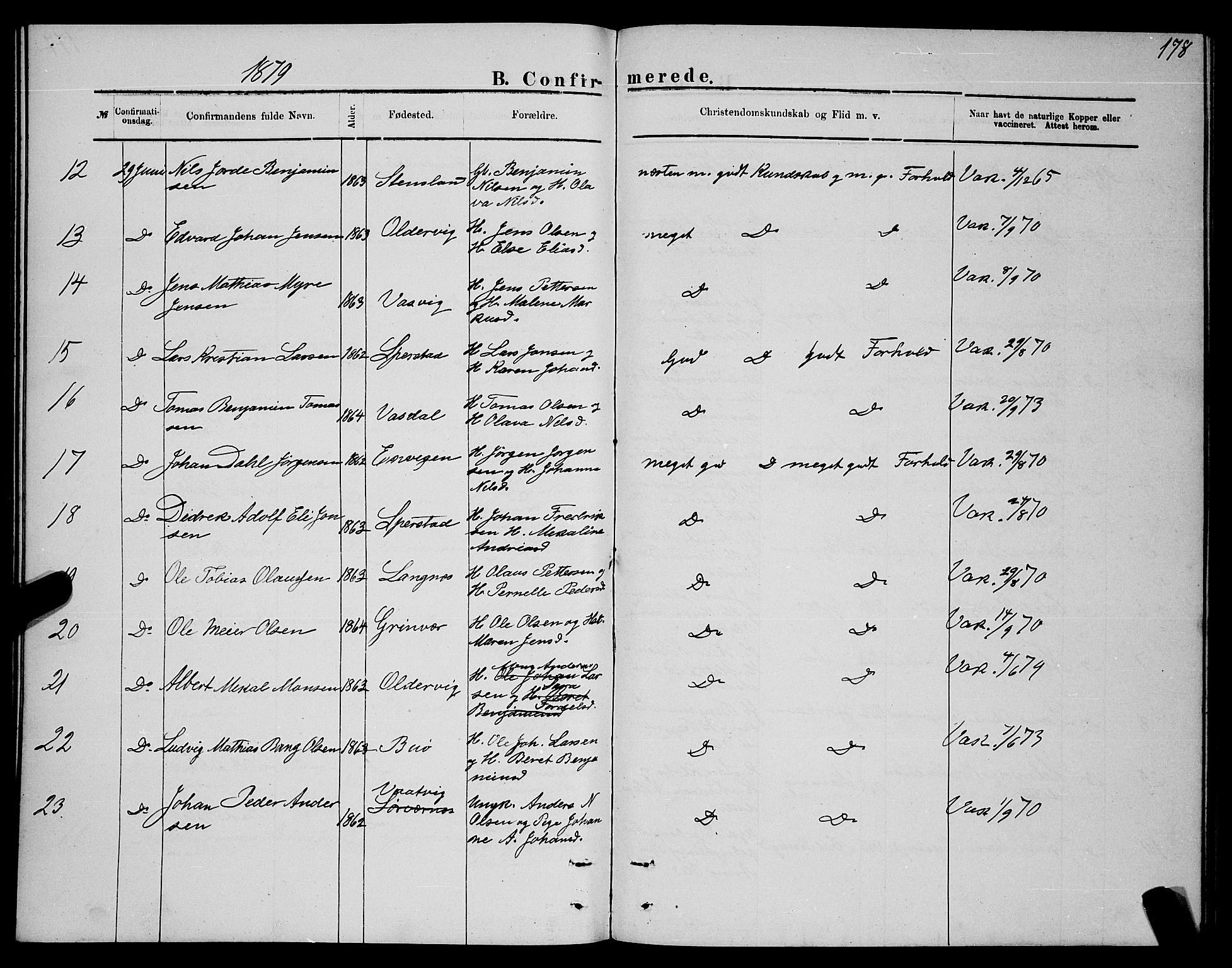 Ministerialprotokoller, klokkerbøker og fødselsregistre - Nordland, SAT/A-1459/841/L0620: Parish register (copy) no. 841C04, 1877-1896, p. 178