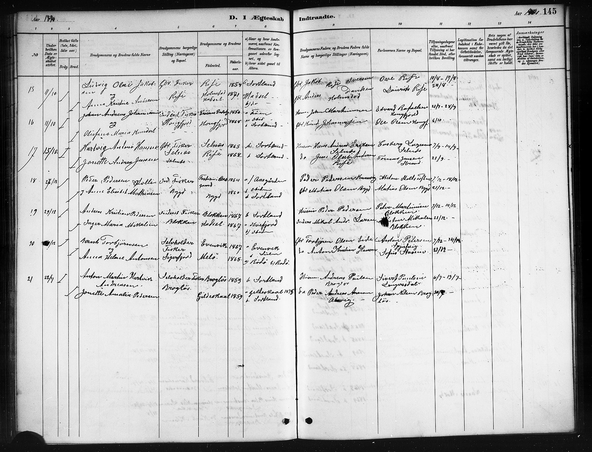 Ministerialprotokoller, klokkerbøker og fødselsregistre - Nordland, AV/SAT-A-1459/895/L1382: Parish register (copy) no. 895C04, 1885-1896, p. 145