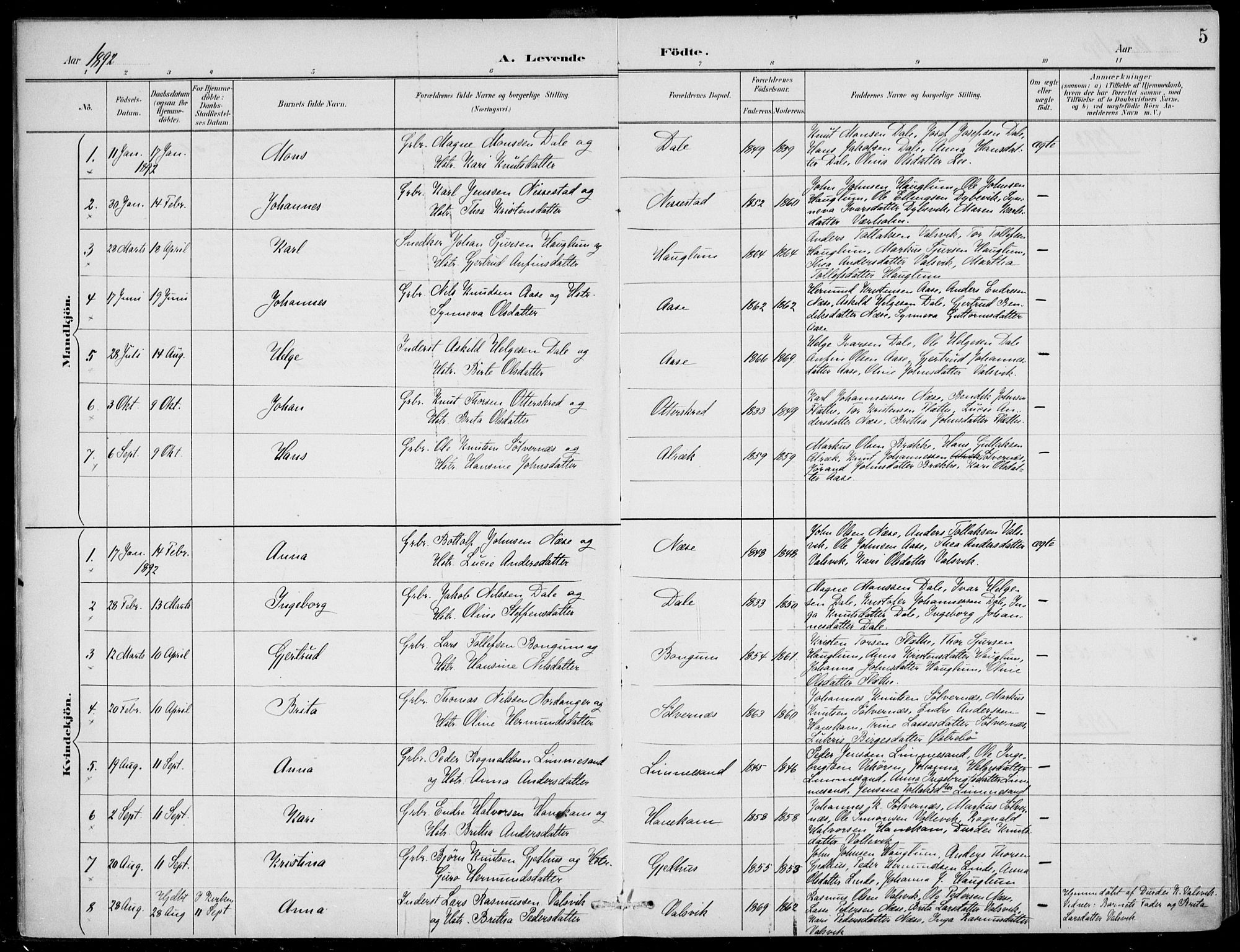 Vik sokneprestembete, AV/SAB-A-81501/H/Haa/Haac/L0002: Parish register (official) no. C  2, 1891-1910, p. 5