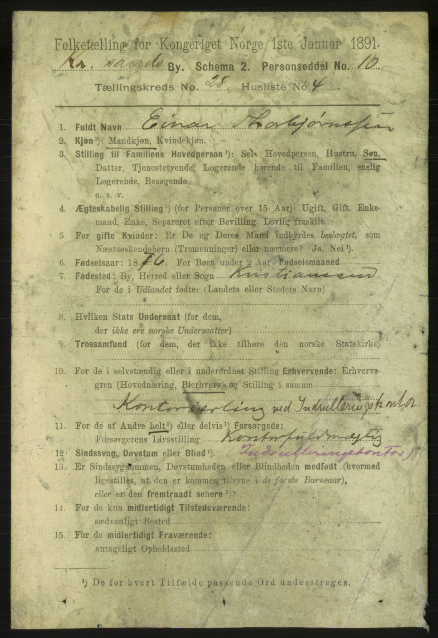 RA, 1891 census for 1001 Kristiansand, 1891, p. 9534