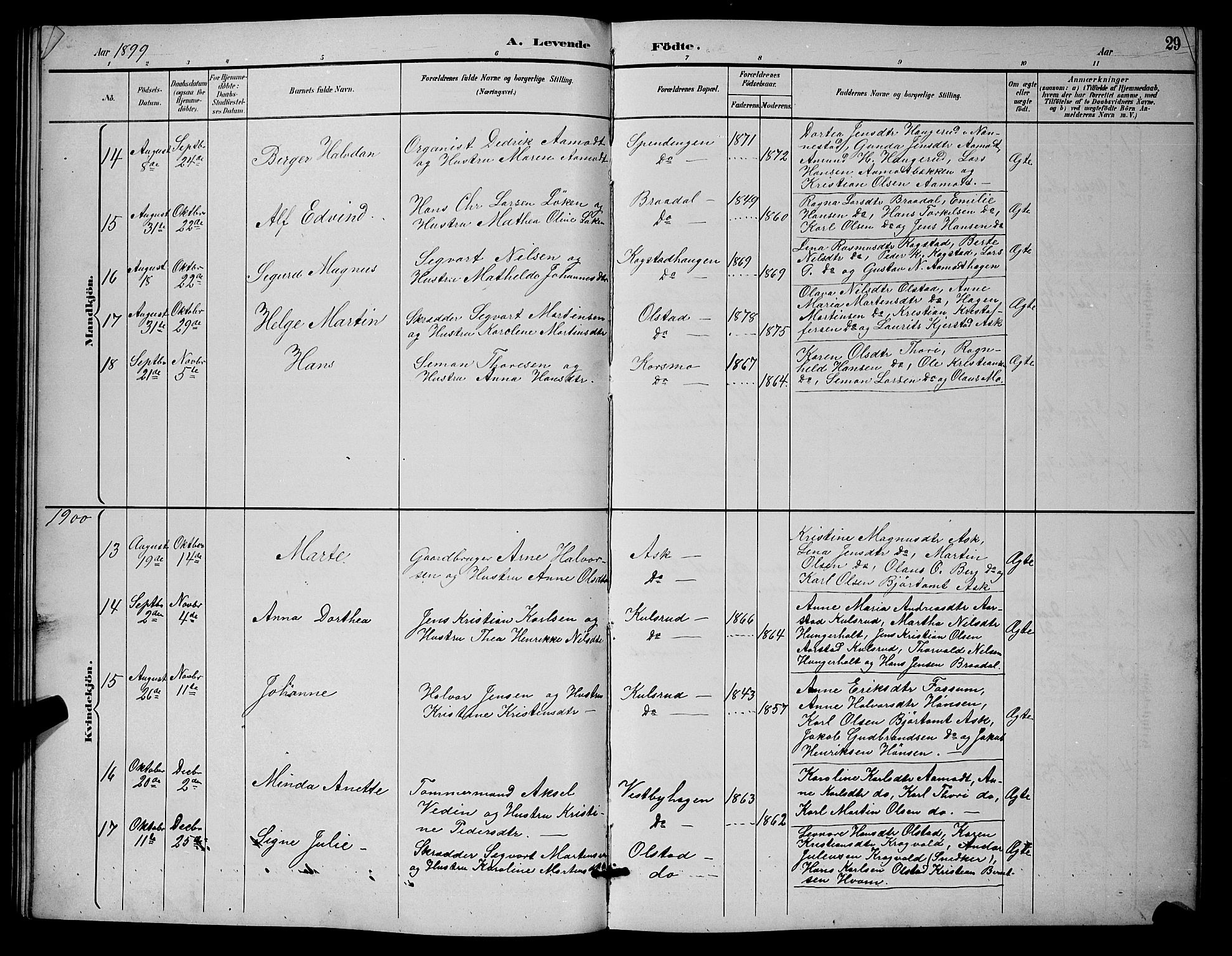 Gjerdrum prestekontor Kirkebøker, AV/SAO-A-10412b/G/Ga/L0005: Parish register (copy) no. I 5, 1891-1901, p. 29