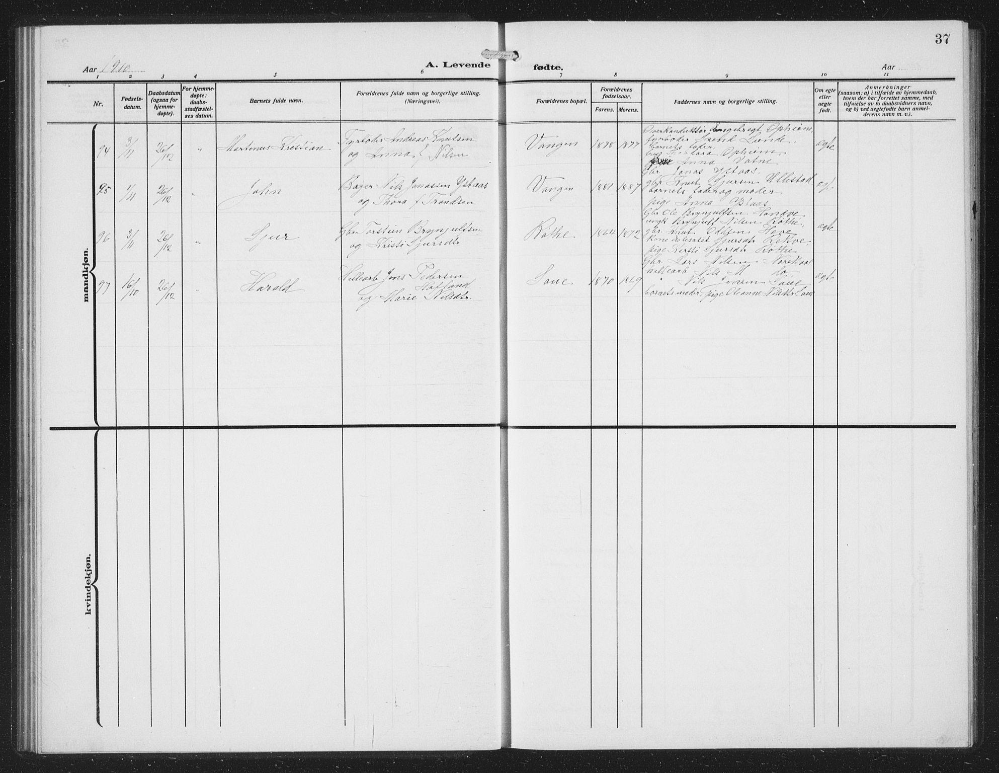 Voss sokneprestembete, AV/SAB-A-79001/H/Hab: Parish register (copy) no. C 3, 1909-1920, p. 37