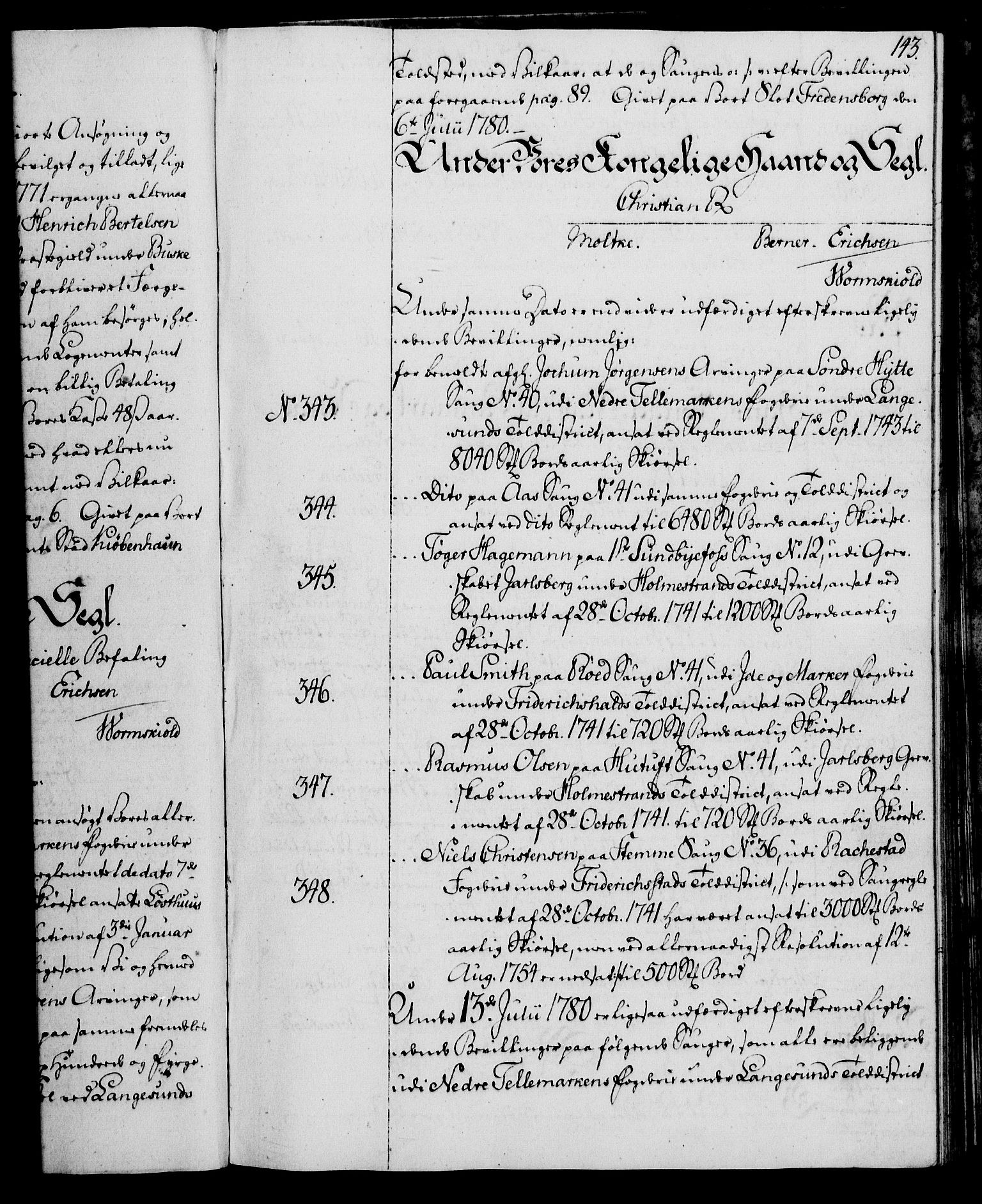 Rentekammeret, Kammerkanselliet, RA/EA-3111/G/Gg/Gga/L0011: Norsk ekspedisjonsprotokoll med register (merket RK 53.11), 1779-1781, p. 143