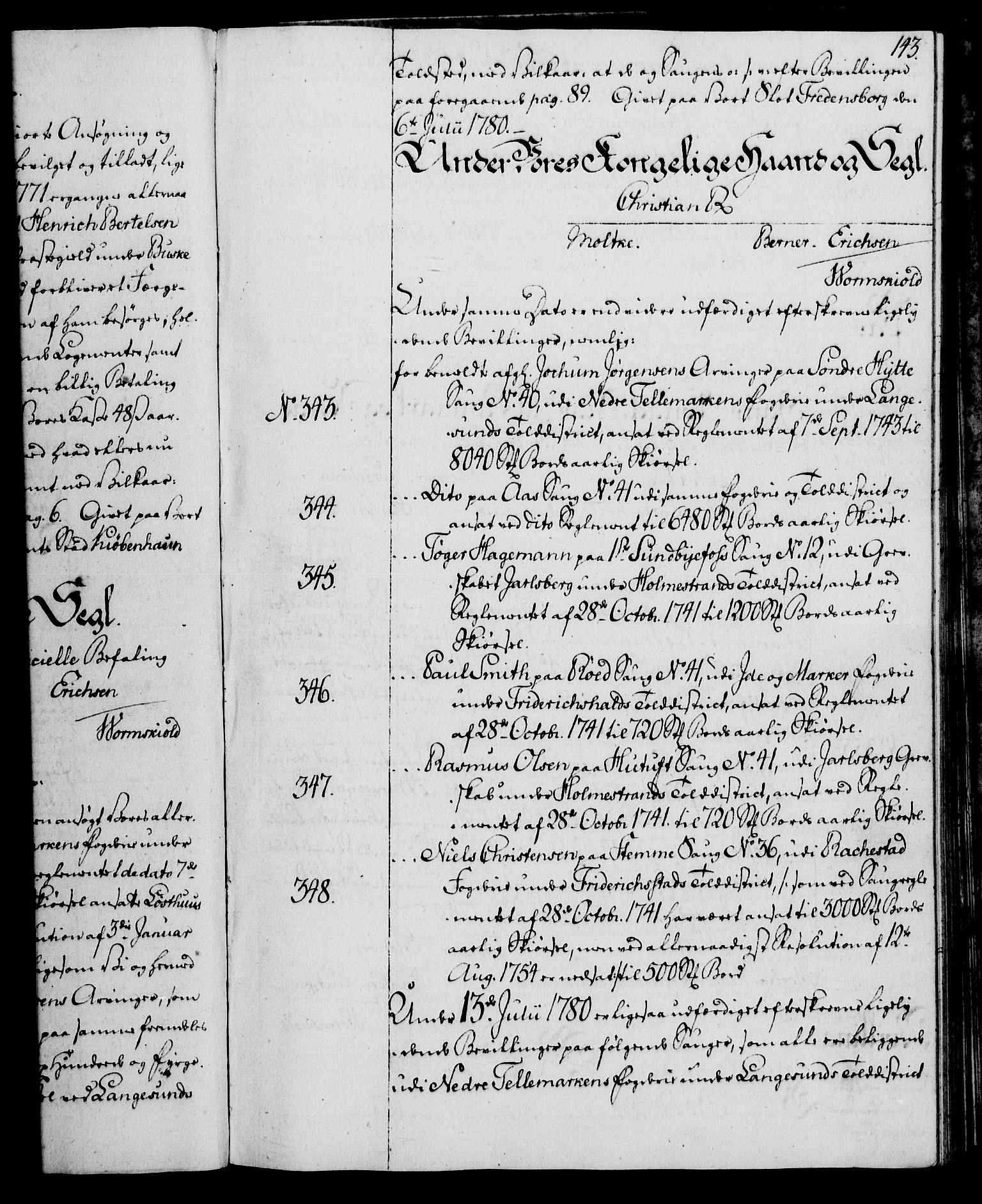 Rentekammeret, Kammerkanselliet, AV/RA-EA-3111/G/Gg/Gga/L0011: Norsk ekspedisjonsprotokoll med register (merket RK 53.11), 1779-1781, p. 143