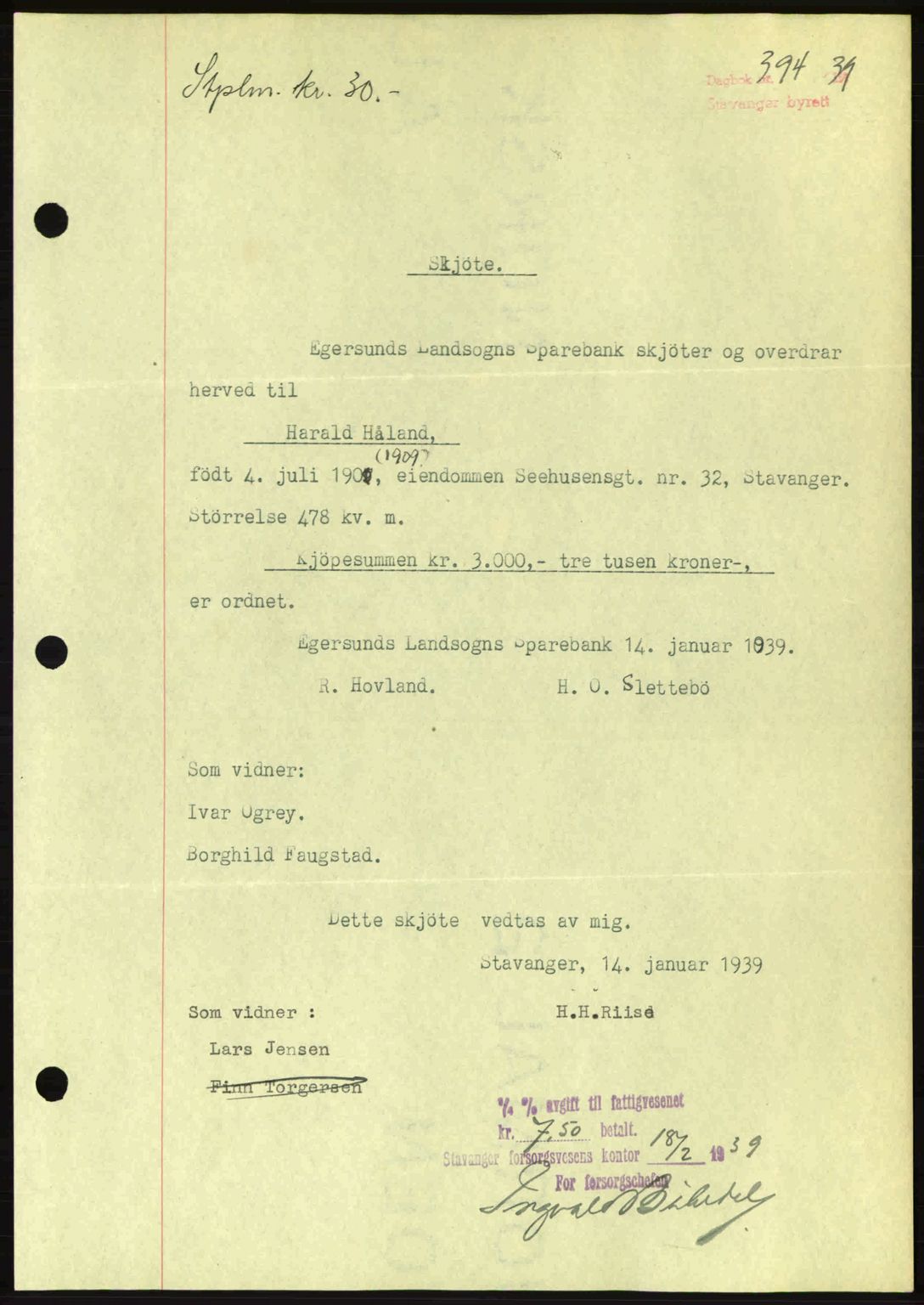 Stavanger byrett, SAST/A-100455/002/G/Gb/L0014: Mortgage book no. A4, 1938-1939, Diary no: : 394/1939