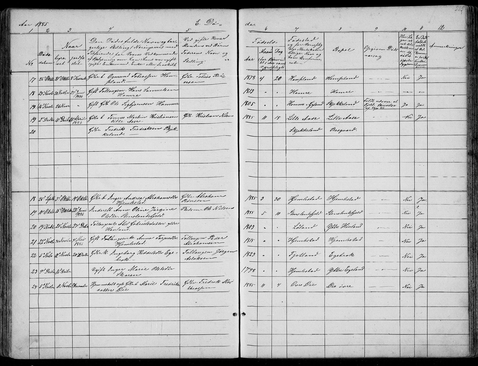 Kvinesdal sokneprestkontor, AV/SAK-1111-0026/F/Fb/Fbb/L0002: Parish register (copy) no. B 2, 1873-1897, p. 225