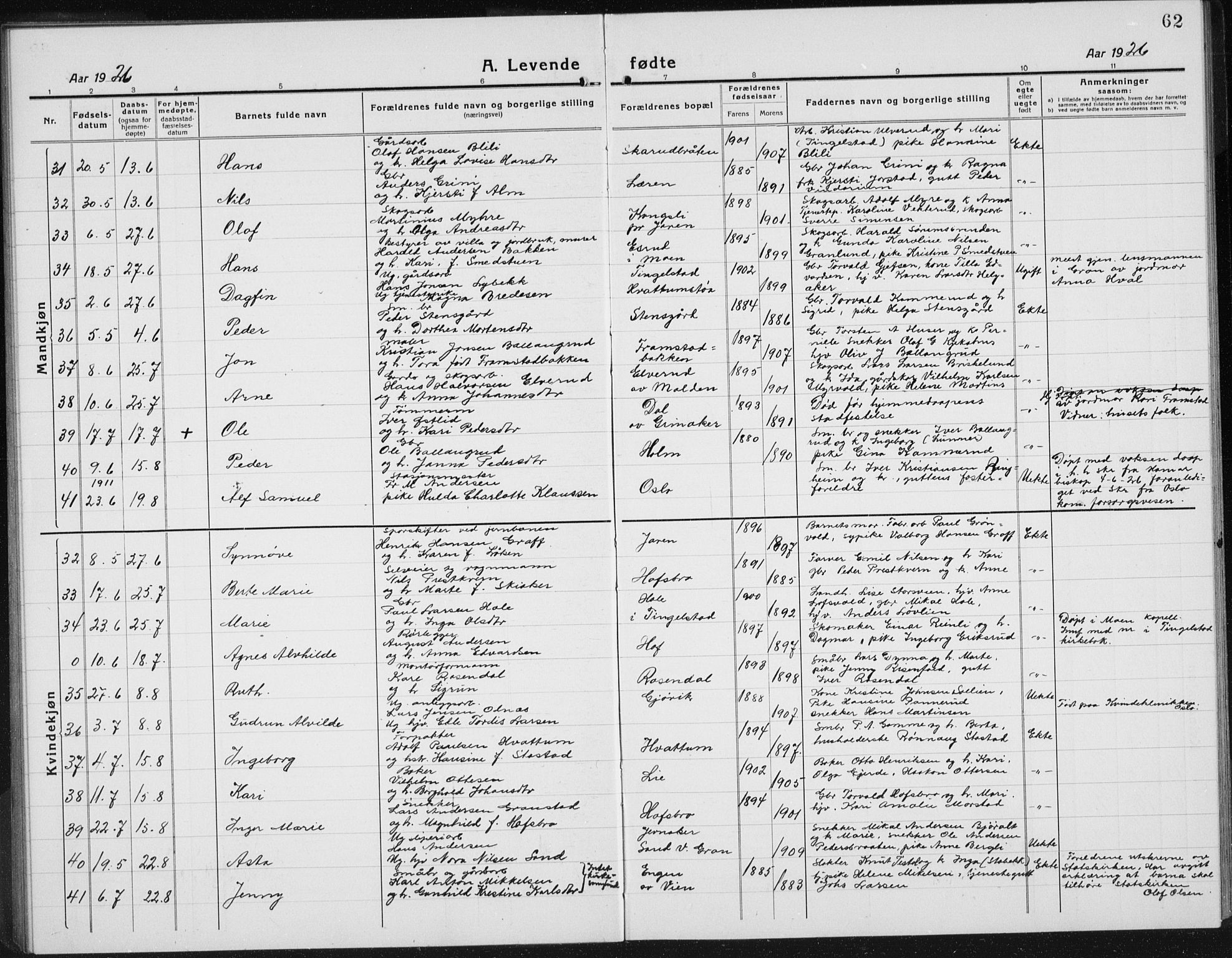 Gran prestekontor, AV/SAH-PREST-112/H/Ha/Hab/L0008: Parish register (copy) no. 8, 1917-1935, p. 62