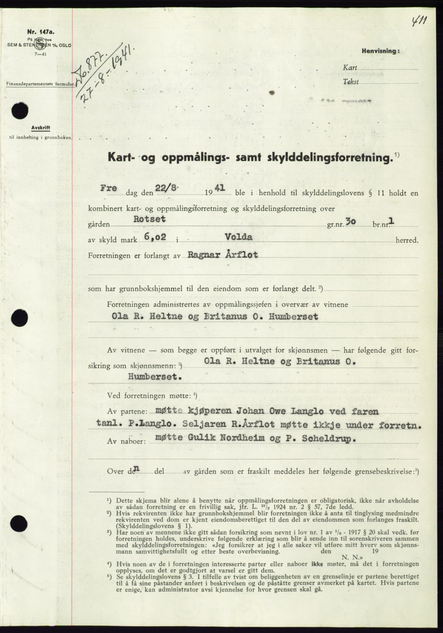 Søre Sunnmøre sorenskriveri, AV/SAT-A-4122/1/2/2C/L0071: Mortgage book no. 65, 1941-1941, Diary no: : 877/1941