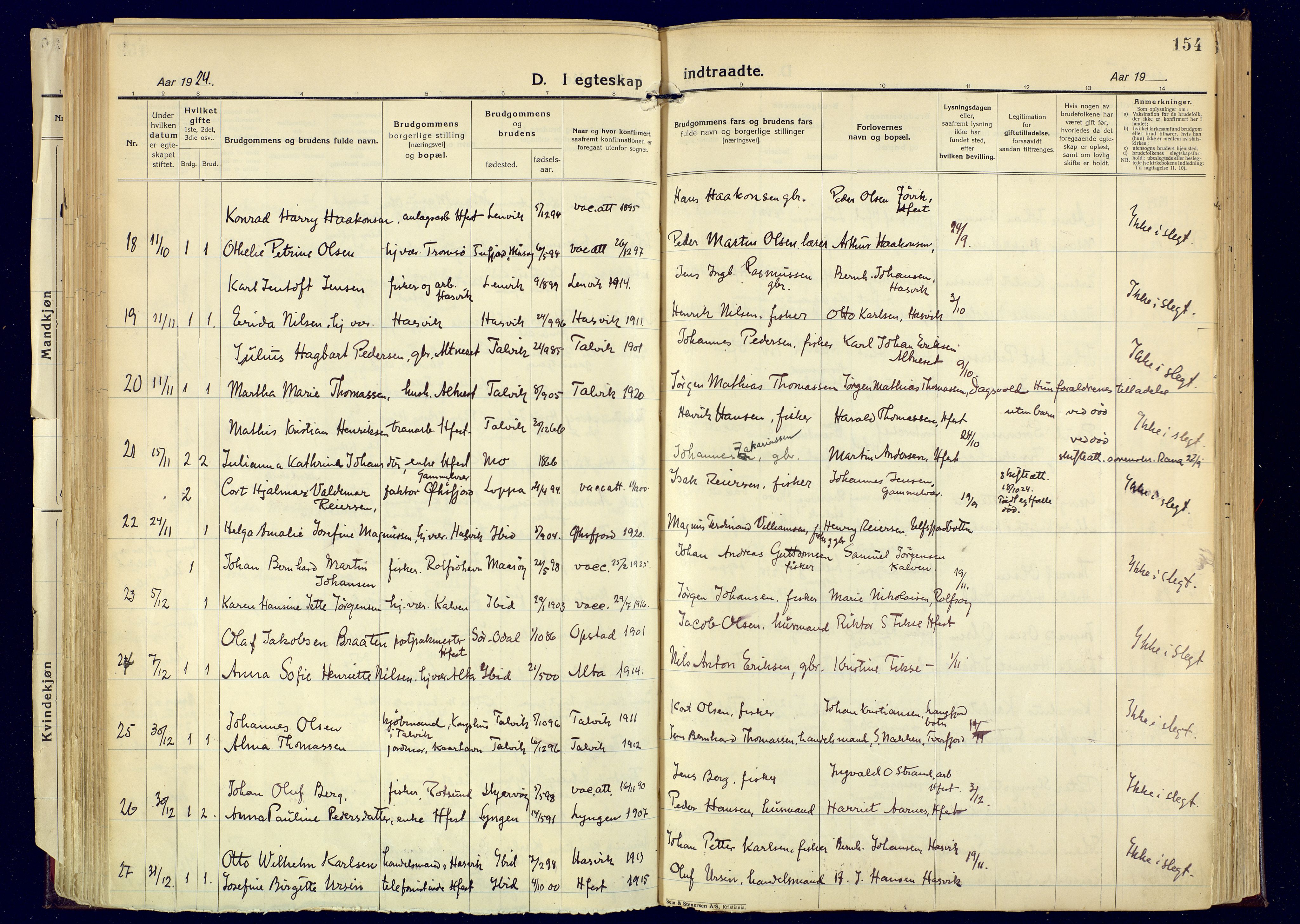 Hammerfest sokneprestkontor, AV/SATØ-S-1347/H/Ha/L0017.kirke: Parish register (official) no. 17, 1923-1933, p. 154