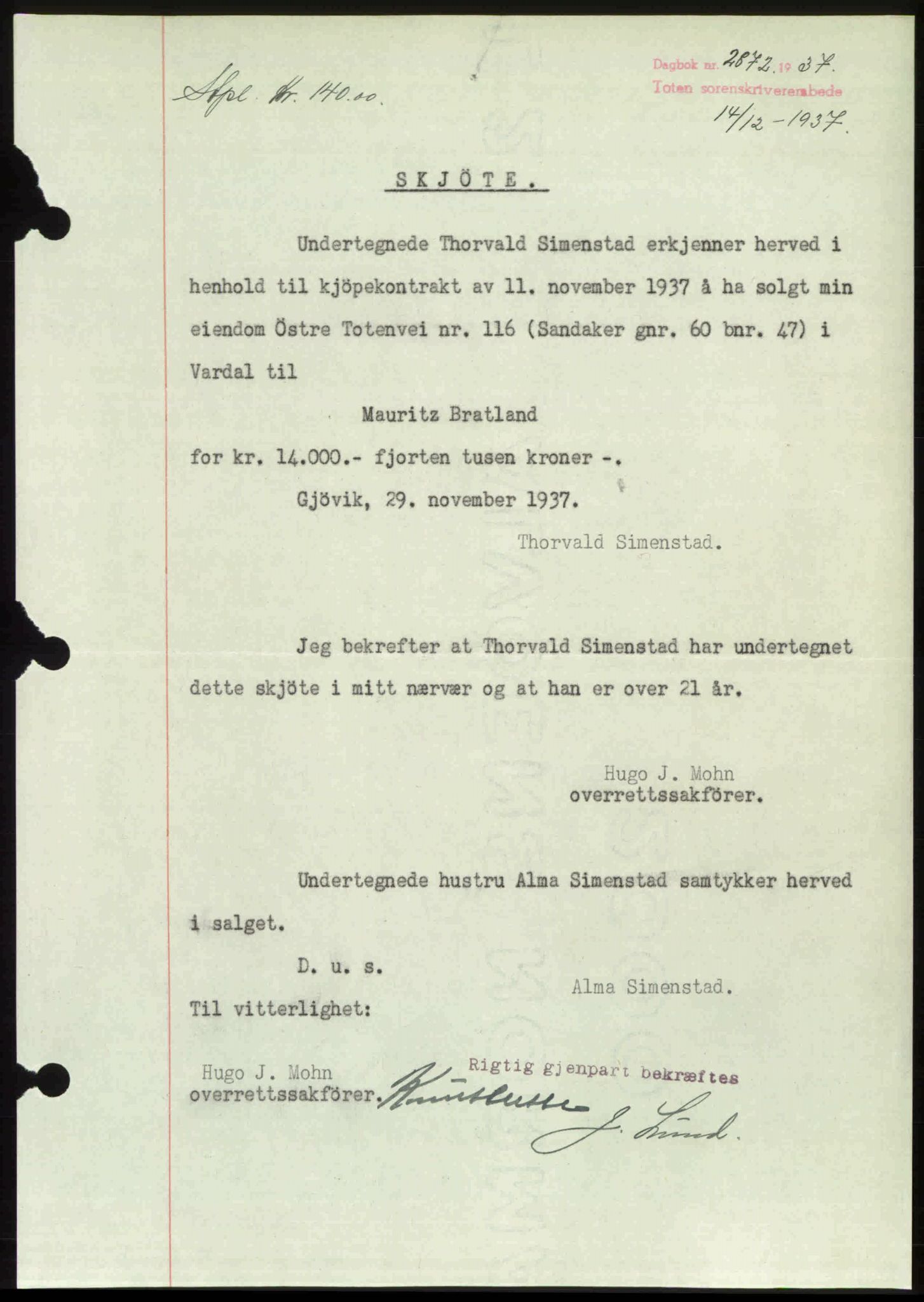 Toten tingrett, SAH/TING-006/H/Hb/Hbc/L0003: Mortgage book no. Hbc-03, 1937-1938, Diary no: : 2872/1937
