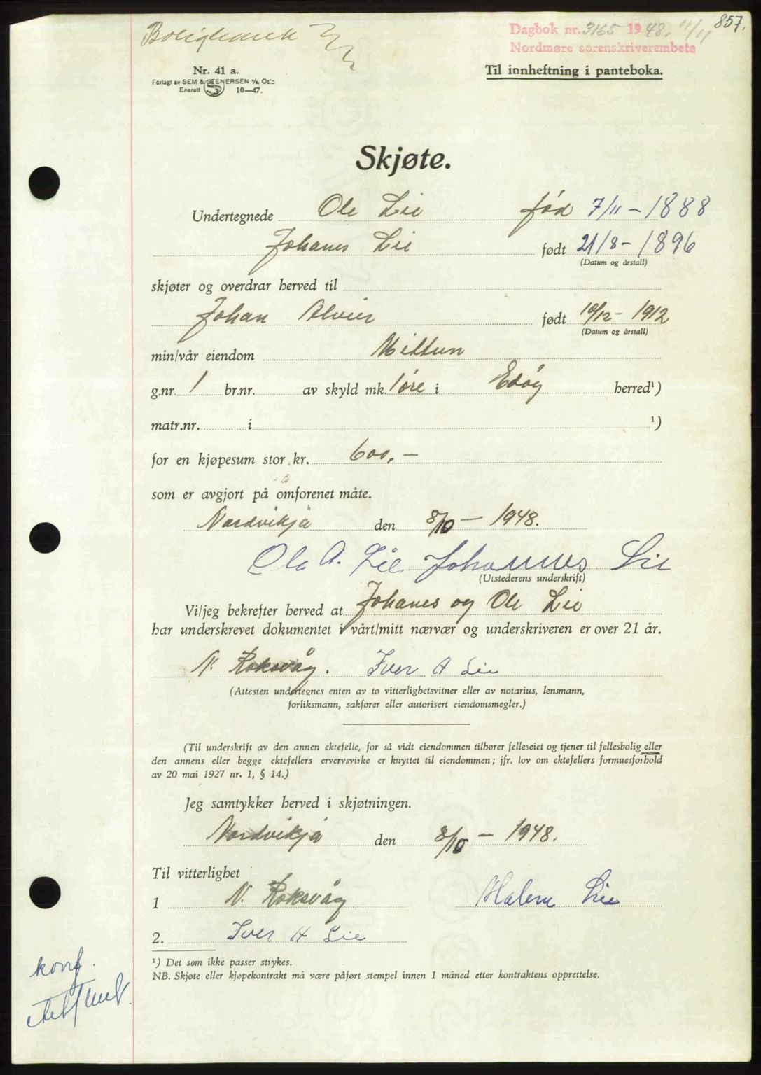 Nordmøre sorenskriveri, AV/SAT-A-4132/1/2/2Ca: Mortgage book no. A109, 1948-1948, Diary no: : 3165/1948