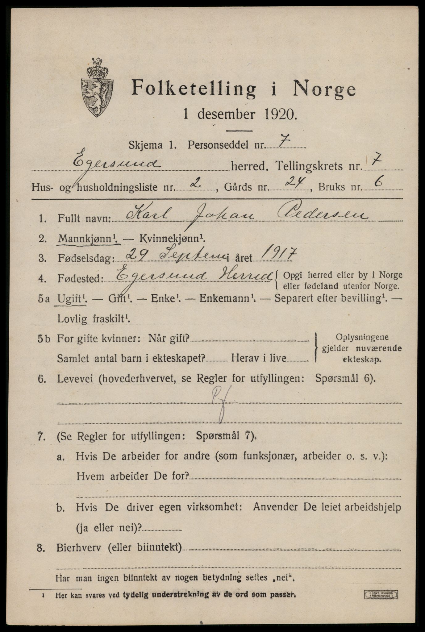 SAST, 1920 census for Eigersund, 1920, p. 4651