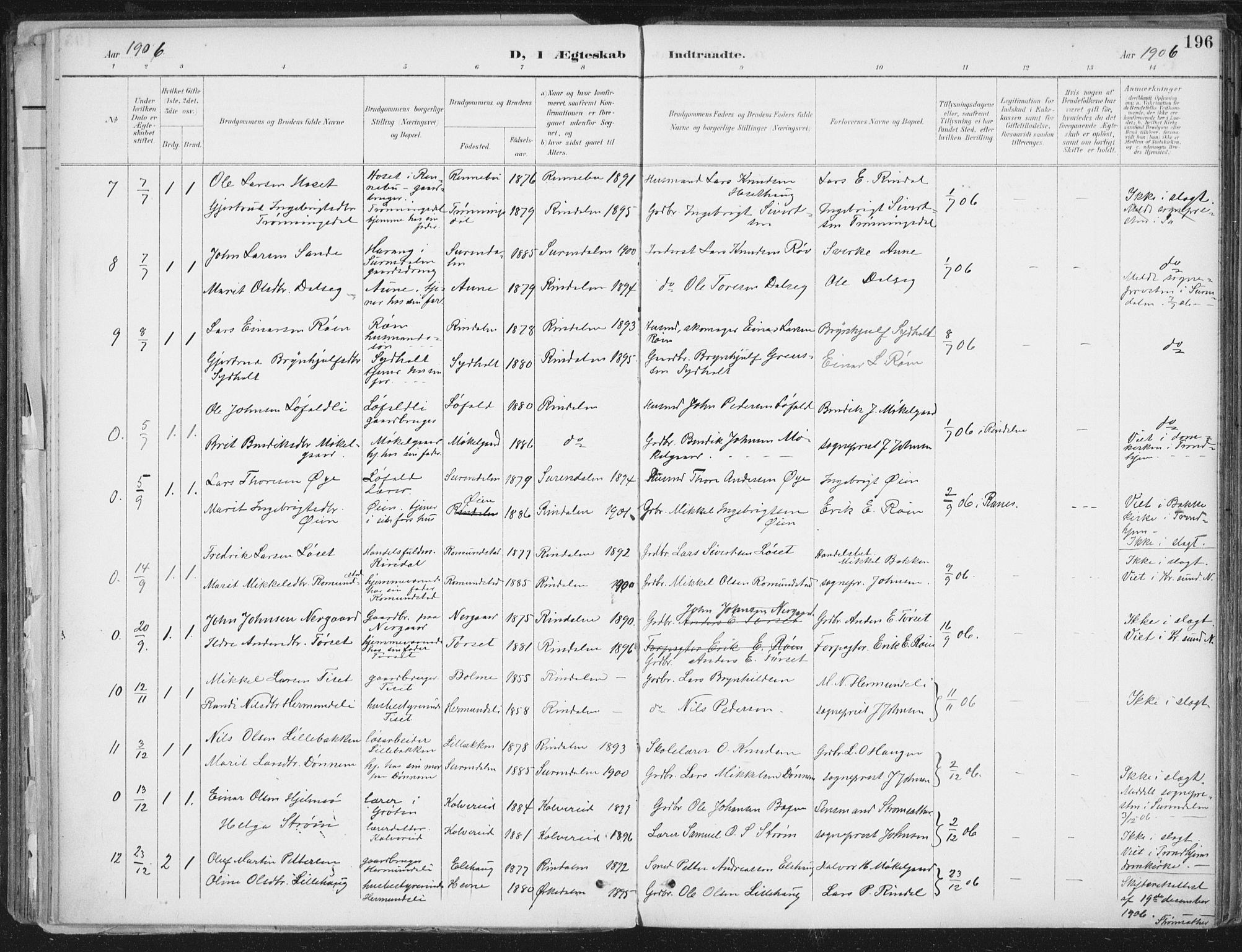 Ministerialprotokoller, klokkerbøker og fødselsregistre - Møre og Romsdal, AV/SAT-A-1454/598/L1072: Parish register (official) no. 598A06, 1896-1910, p. 196