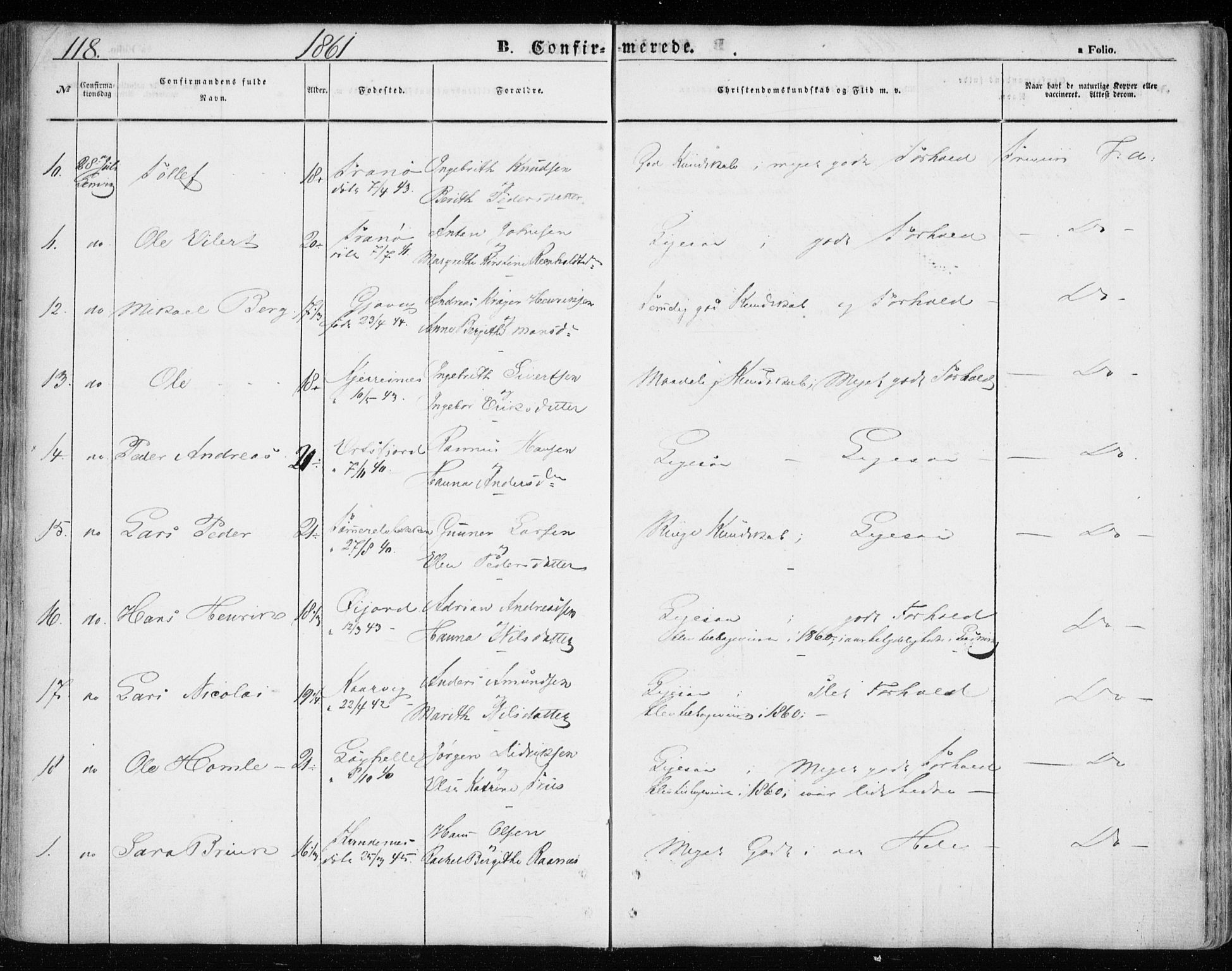 Lenvik sokneprestembete, SATØ/S-1310/H/Ha/Haa/L0007kirke: Parish register (official) no. 7, 1855-1865, p. 118