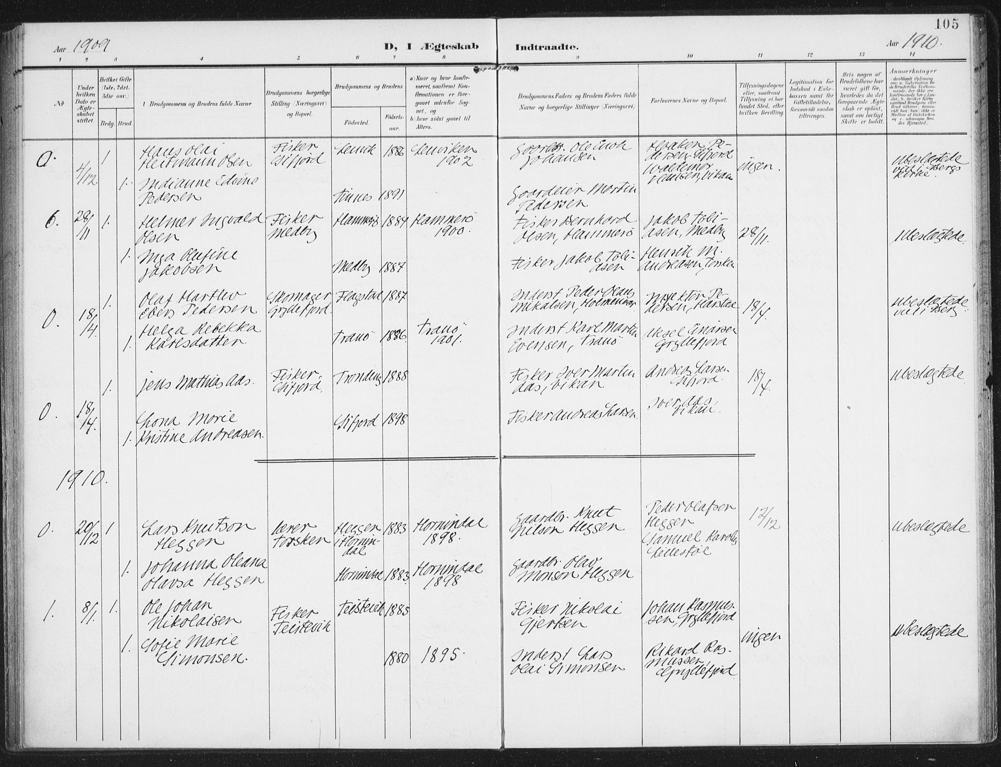 Berg sokneprestkontor, AV/SATØ-S-1318/G/Ga/Gaa/L0008kirke: Parish register (official) no. 8, 1904-1916, p. 105