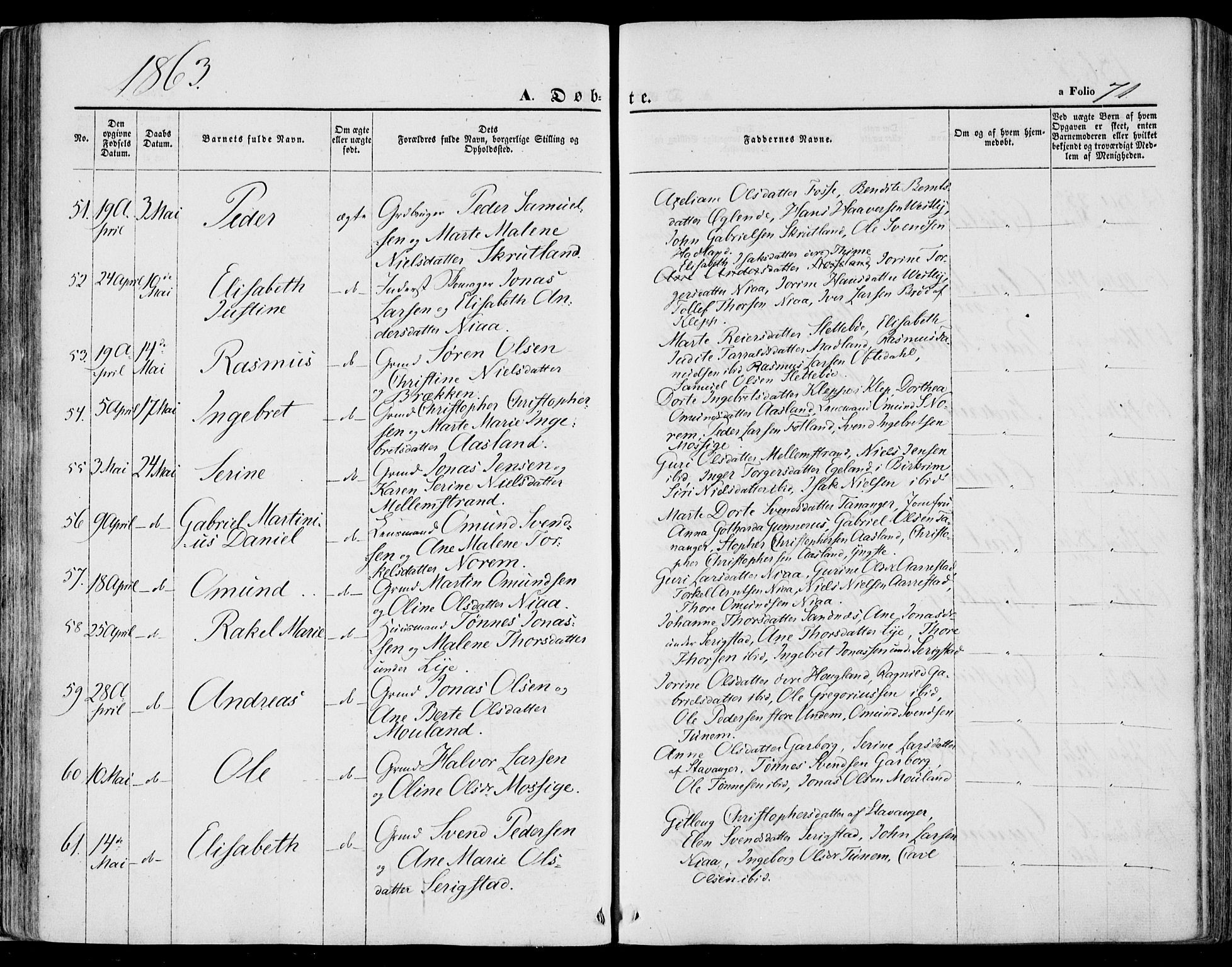 Lye sokneprestkontor, AV/SAST-A-101794/001/30BA/L0007: Parish register (official) no. A 6, 1856-1871, p. 71