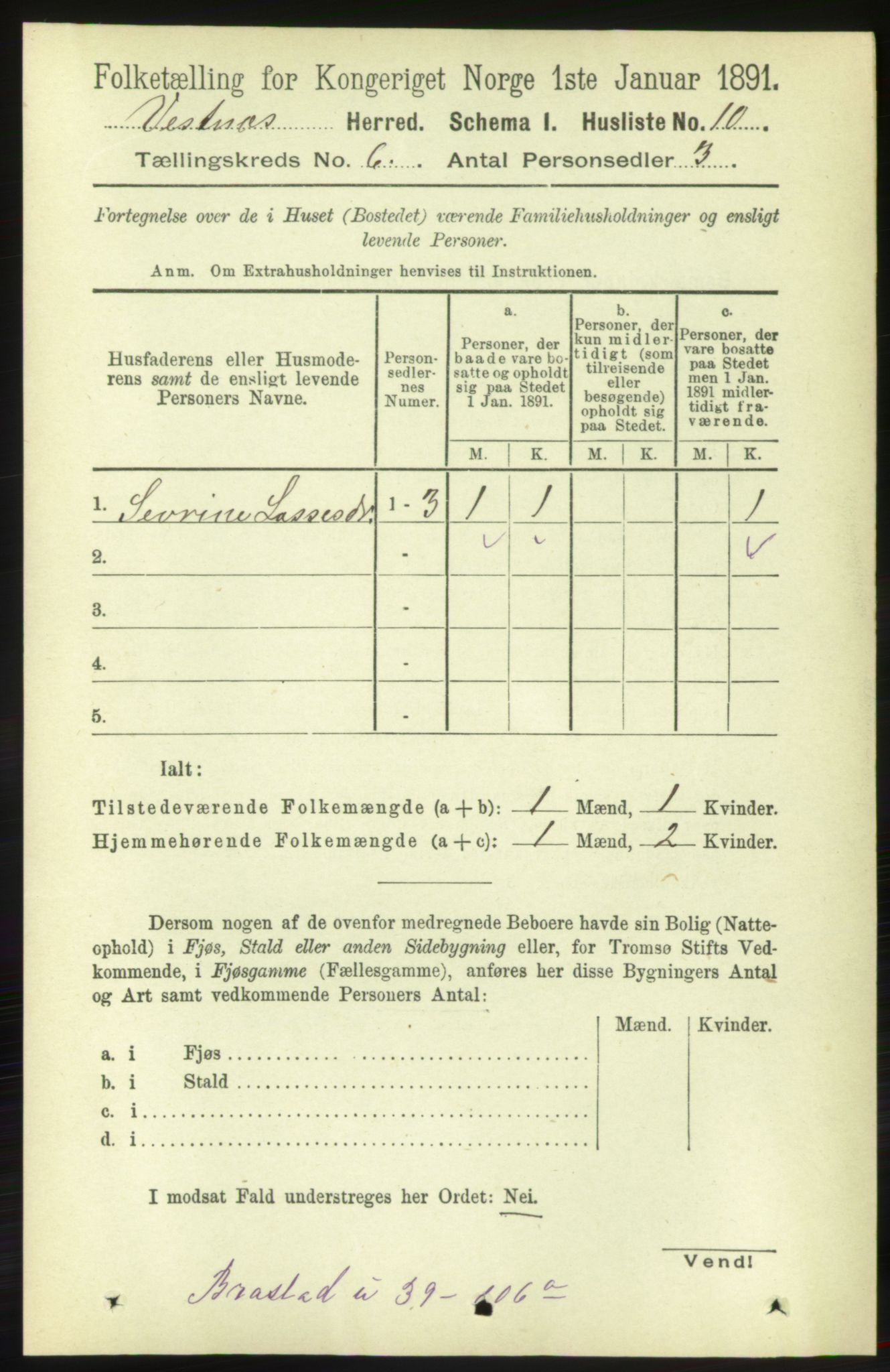 RA, 1891 census for 1535 Vestnes, 1891, p. 2130