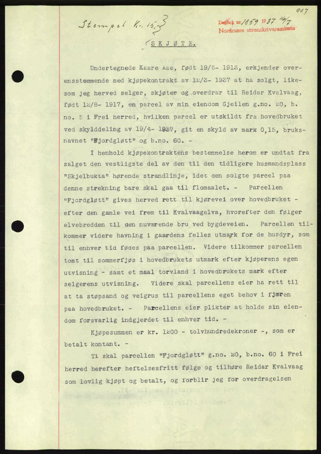 Nordmøre sorenskriveri, AV/SAT-A-4132/1/2/2Ca: Mortgage book no. A81, 1937-1937, Diary no: : 1859/1937