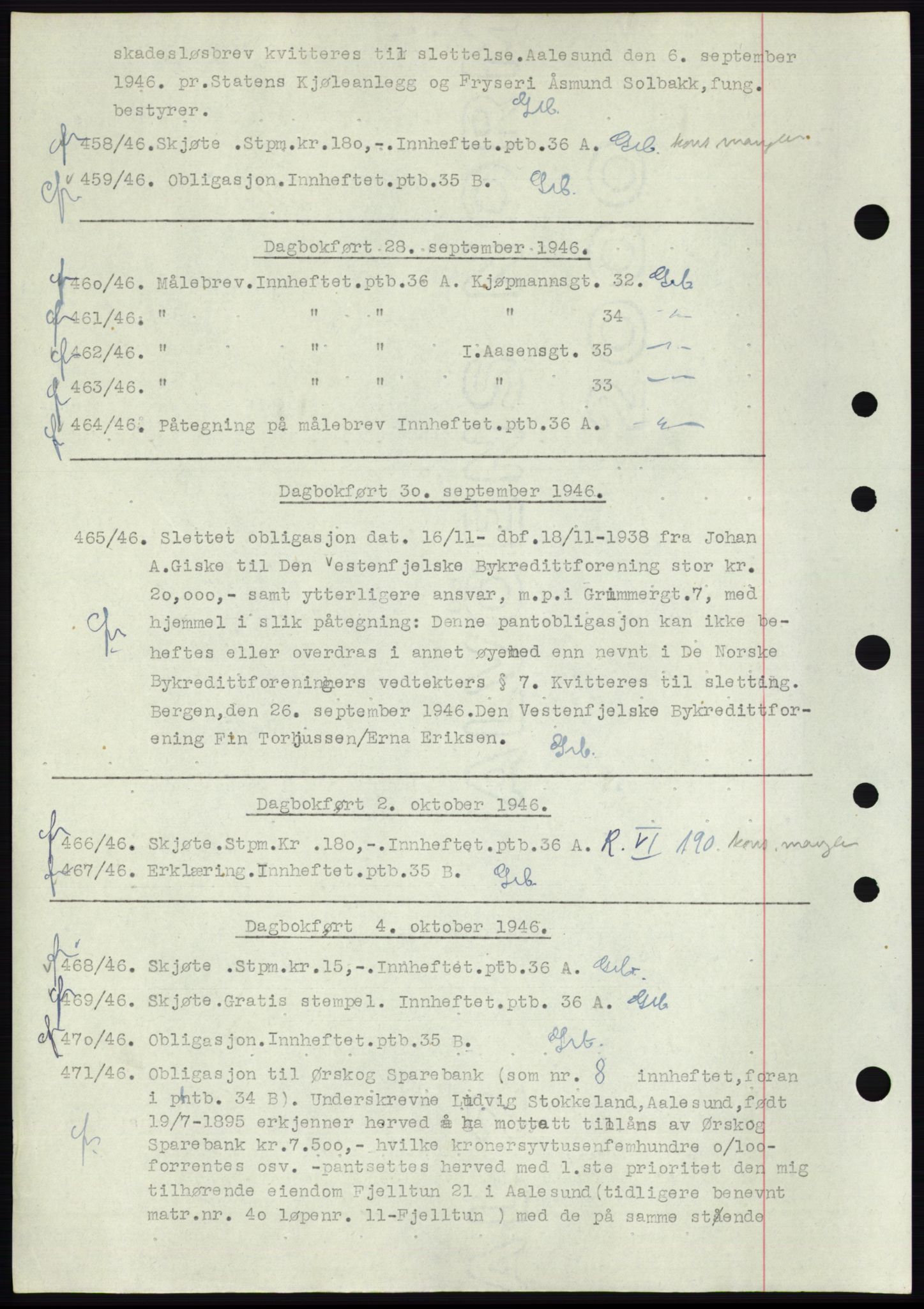 Ålesund byfogd, AV/SAT-A-4384: Mortgage book no. C34-35, 1946-1950, Diary no: : 458/1946