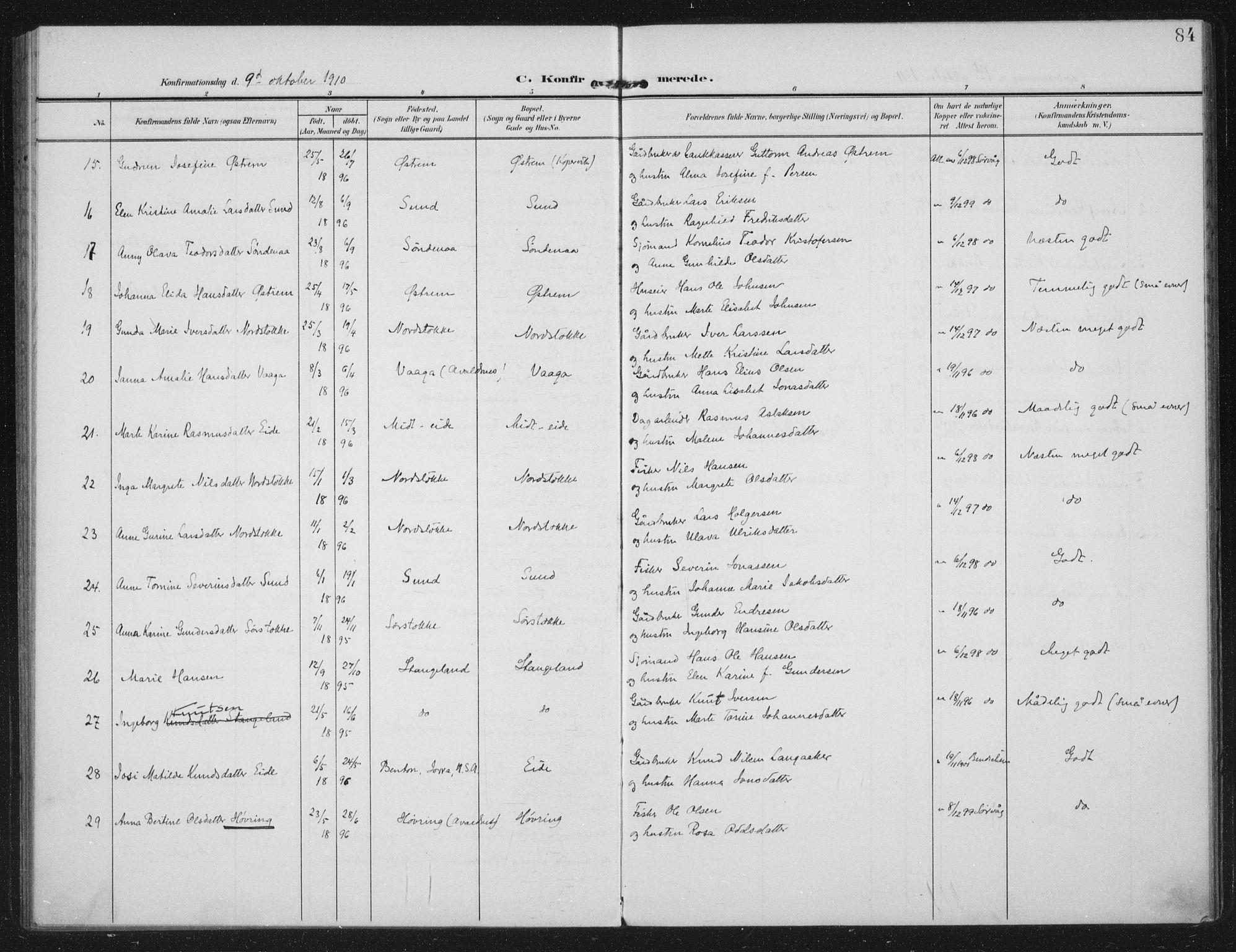 Kopervik sokneprestkontor, AV/SAST-A-101850/H/Ha/Haa/L0003: Parish register (official) no. A 3, 1906-1924, p. 84