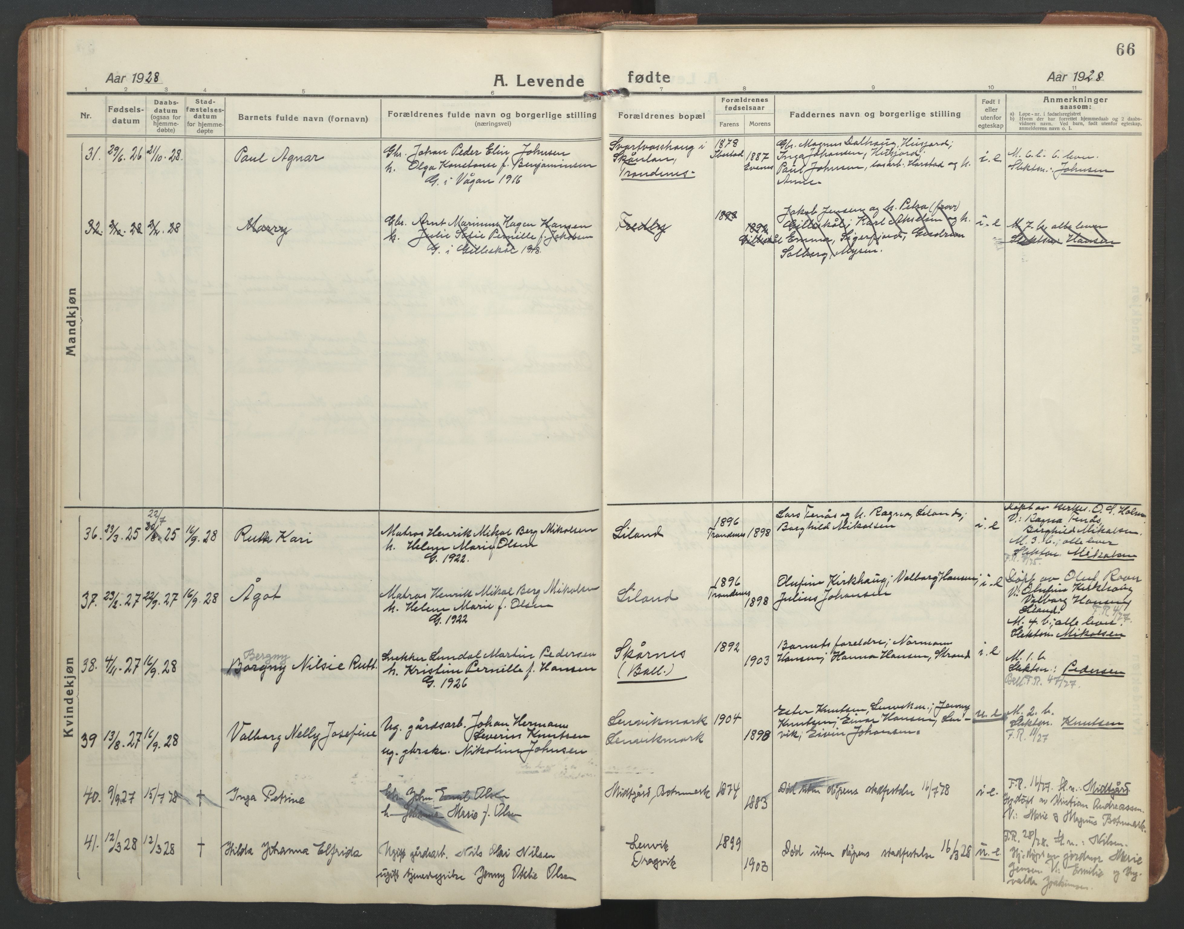 Ministerialprotokoller, klokkerbøker og fødselsregistre - Nordland, AV/SAT-A-1459/863/L0919: Parish register (copy) no. 863C09, 1921-1941, p. 66