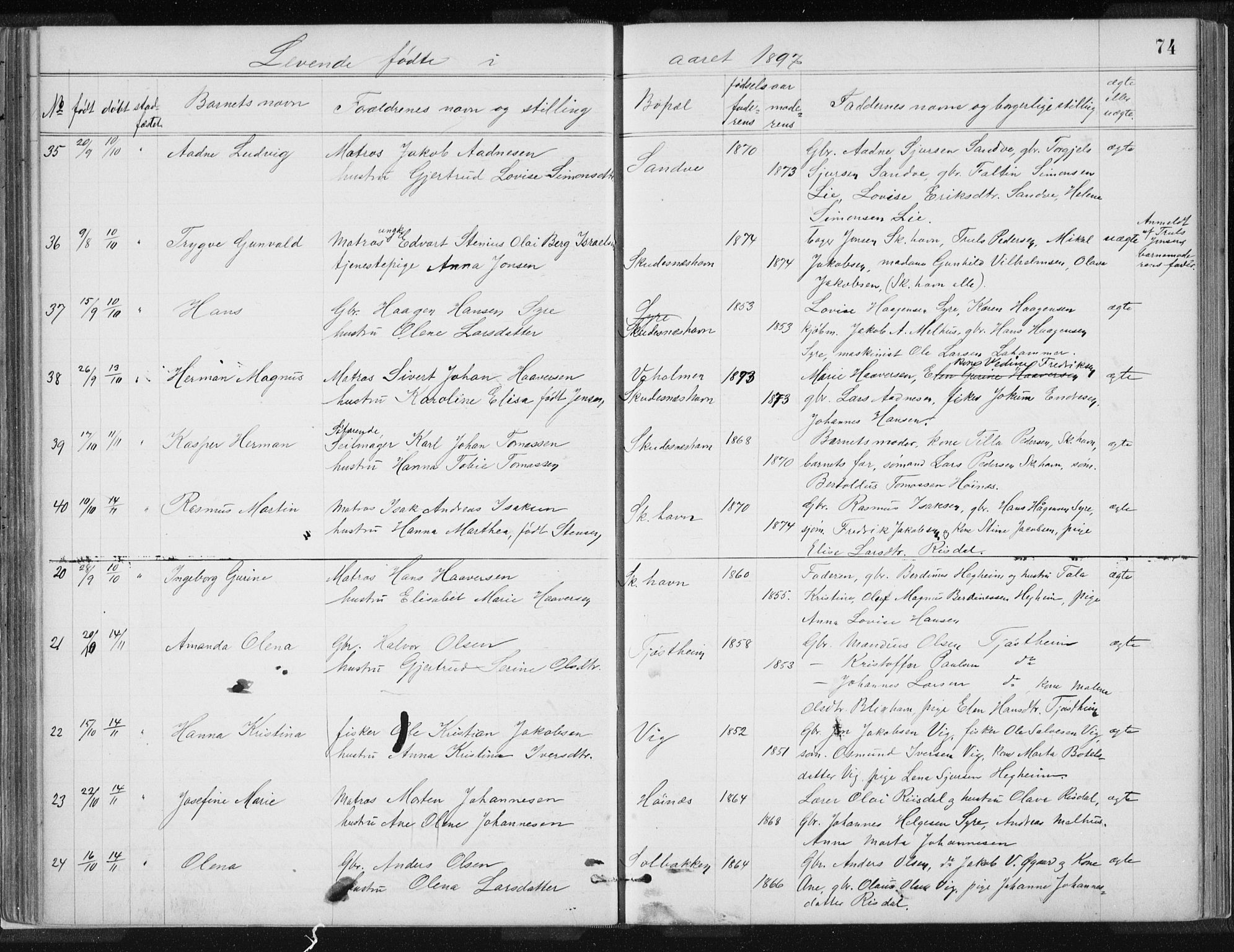 Skudenes sokneprestkontor, SAST/A -101849/H/Ha/Hab/L0007: Parish register (copy) no. B 7, 1885-1899, p. 74