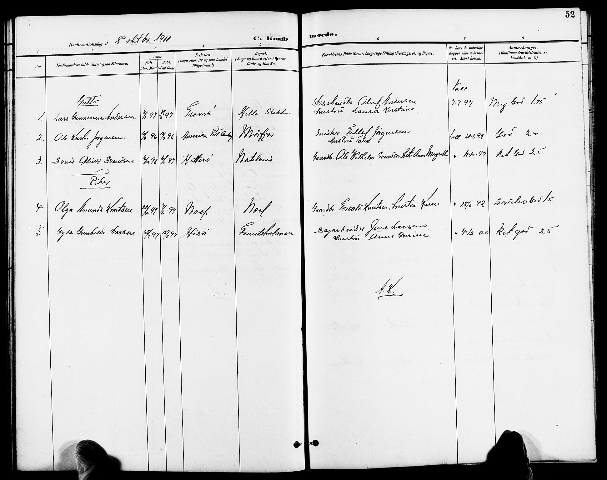 Austre Moland sokneprestkontor, AV/SAK-1111-0001/F/Fb/Fbb/L0002: Parish register (copy) no. B 2, 1894-1918, p. 52