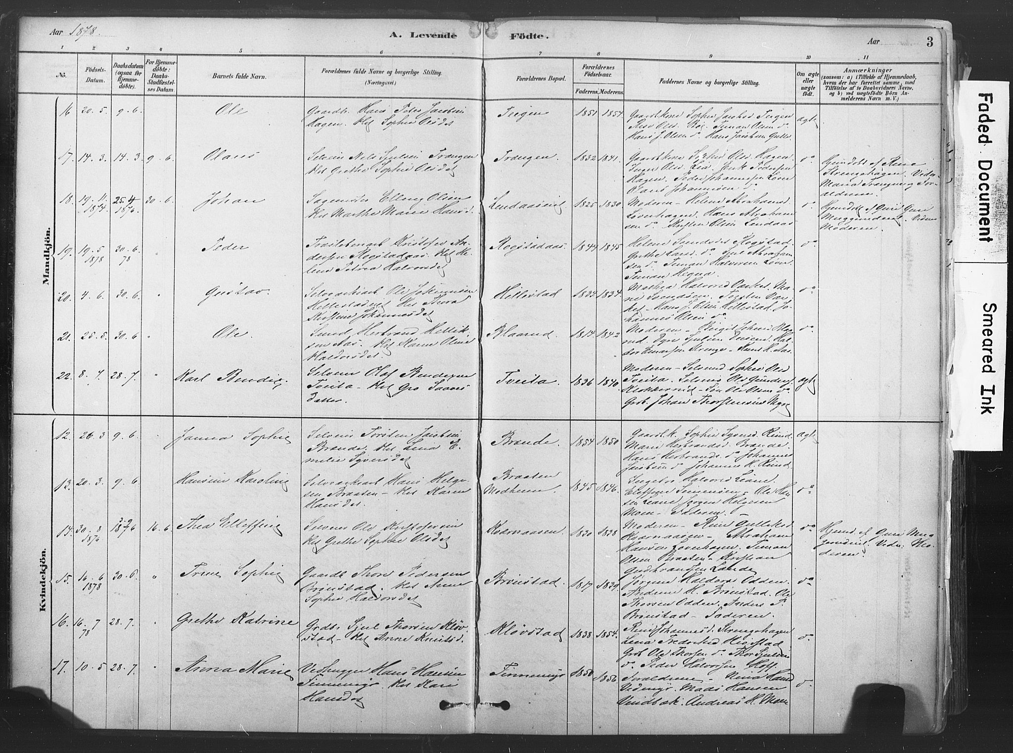 Sandsvær kirkebøker, AV/SAKO-A-244/F/Fd/L0001: Parish register (official) no. IV 1, 1878-1906, p. 3