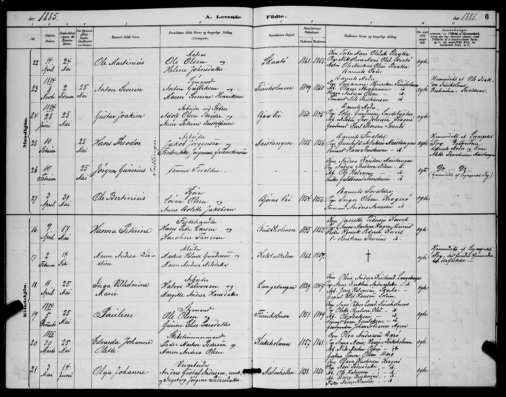 Skåtøy kirkebøker, AV/SAKO-A-304/G/Ga/L0003: Parish register (copy) no. I 3, 1884-1898, p. 6